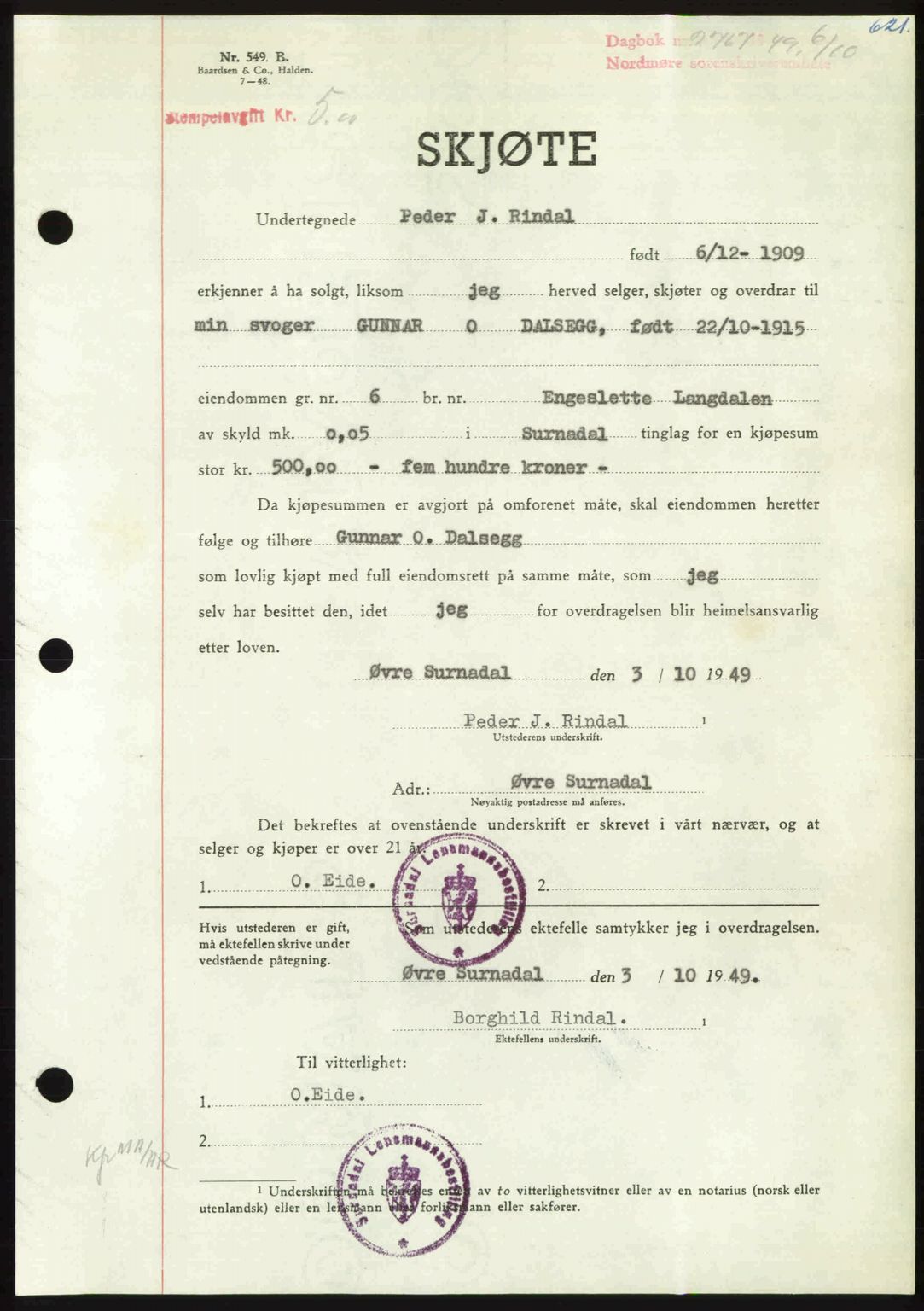 Nordmøre sorenskriveri, AV/SAT-A-4132/1/2/2Ca: Mortgage book no. A112, 1949-1949, Diary no: : 2767/1949