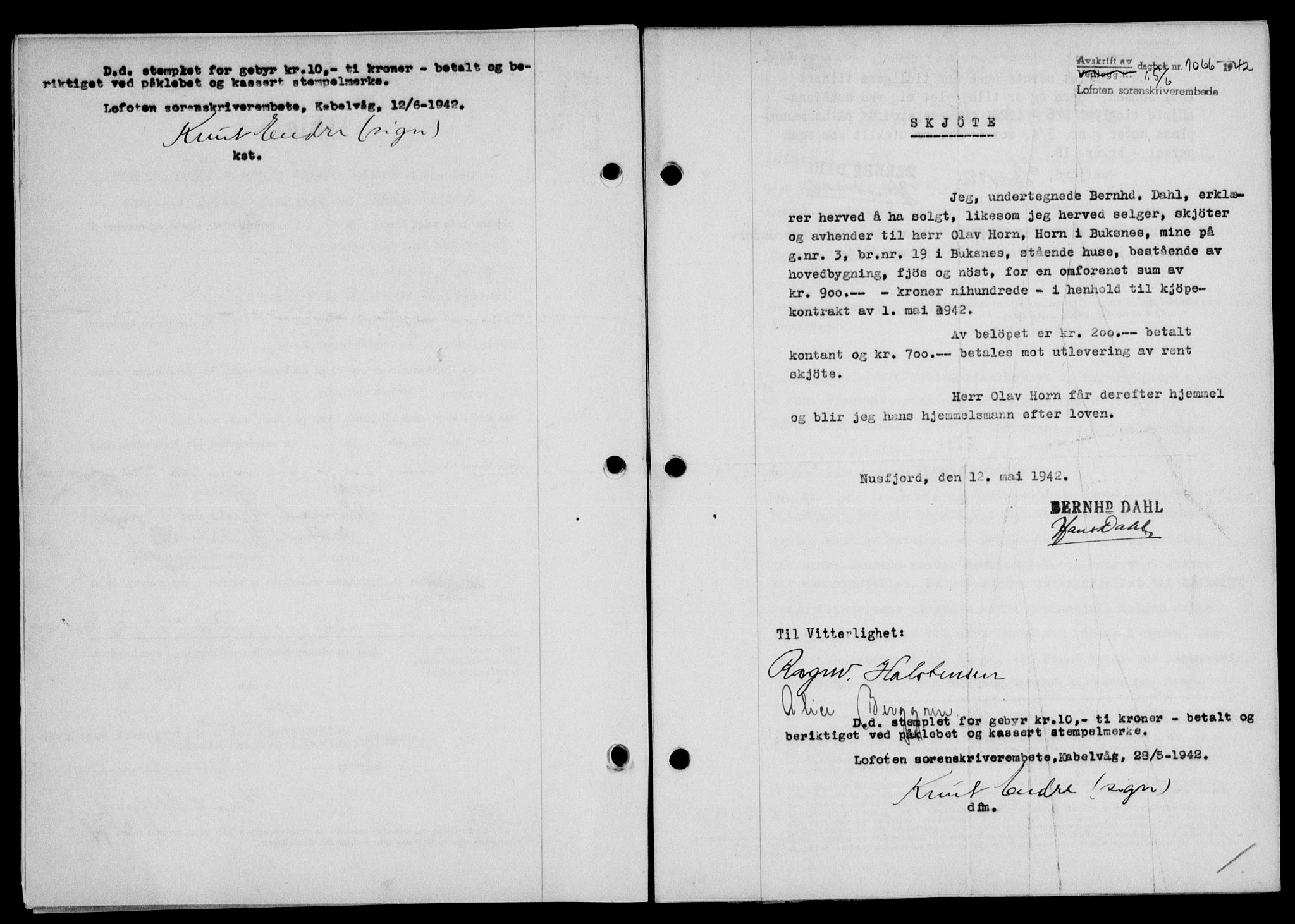 Lofoten sorenskriveri, SAT/A-0017/1/2/2C/L0010a: Mortgage book no. 10a, 1942-1943, Diary no: : 1066/1942