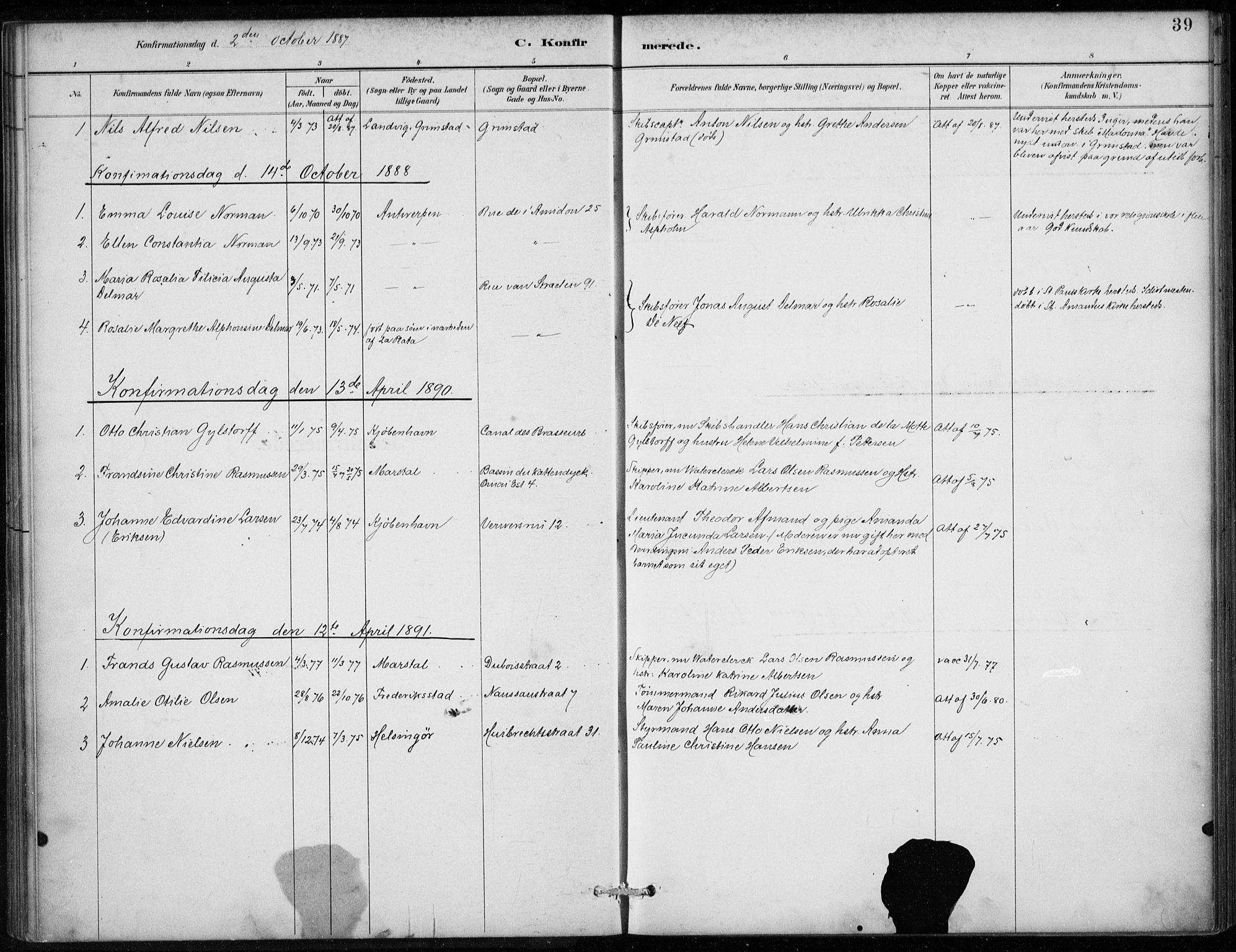 Den norske sjømannsmisjon i utlandet/Antwerpen, SAB/SAB/PA-0105/H/Ha/L0002: Parish register (official) no. A 2, 1887-1913, p. 39