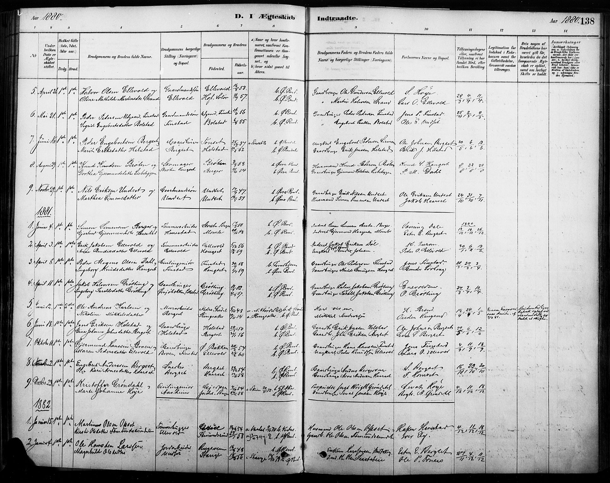Rendalen prestekontor, SAH/PREST-054/H/Ha/Haa/L0009: Parish register (official) no. 9, 1878-1901, p. 138