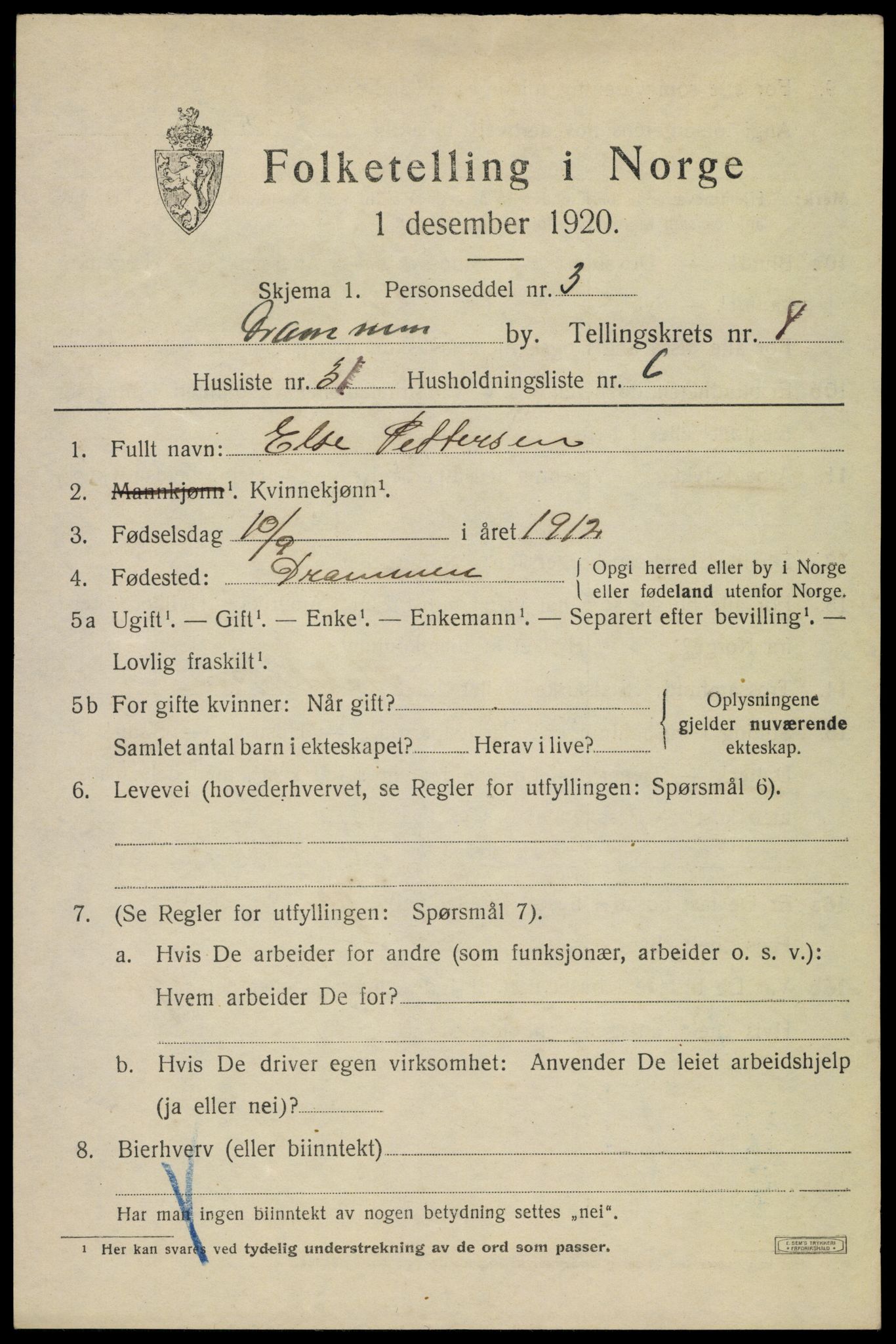 SAKO, 1920 census for Drammen, 1920, p. 54129