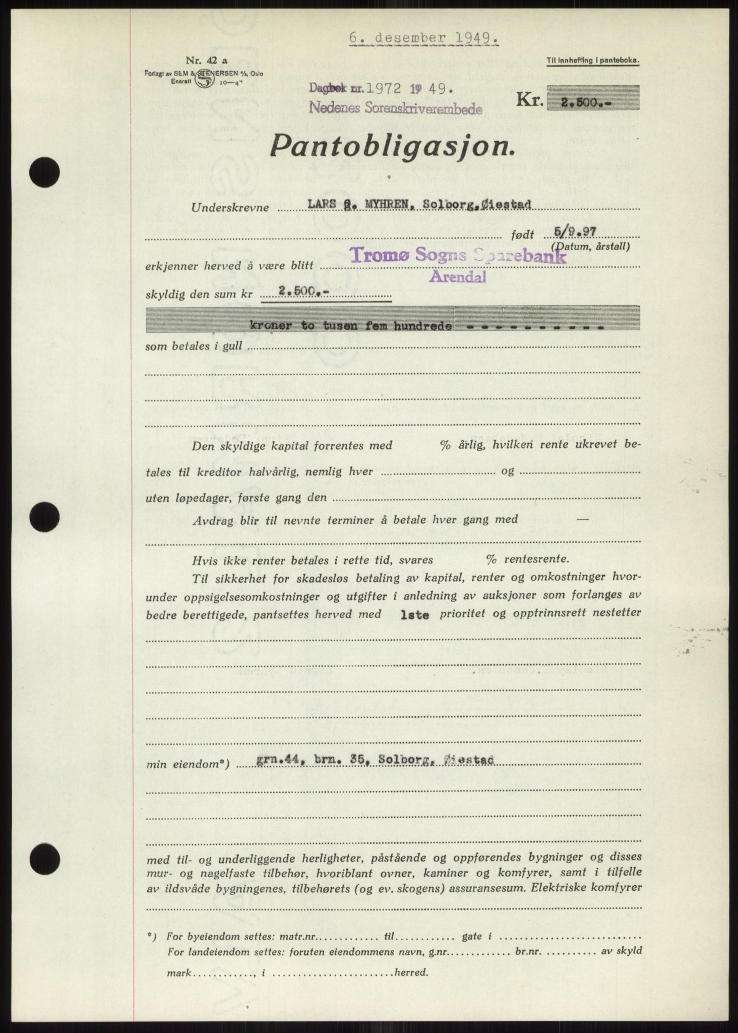 Nedenes sorenskriveri, AV/SAK-1221-0006/G/Gb/Gbb/L0007: Mortgage book no. B7, 1949-1950, Diary no: : 1972/1949