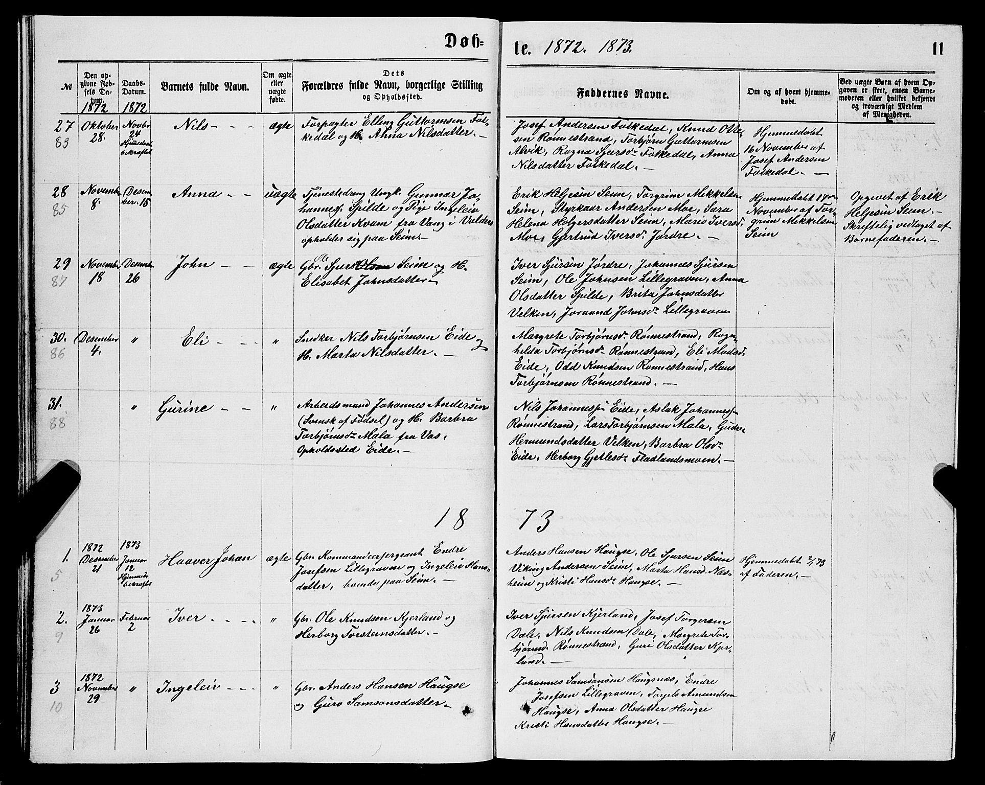 Ulvik sokneprestembete, SAB/A-78801/H/Hab: Parish register (copy) no. B 2, 1869-1883, p. 11