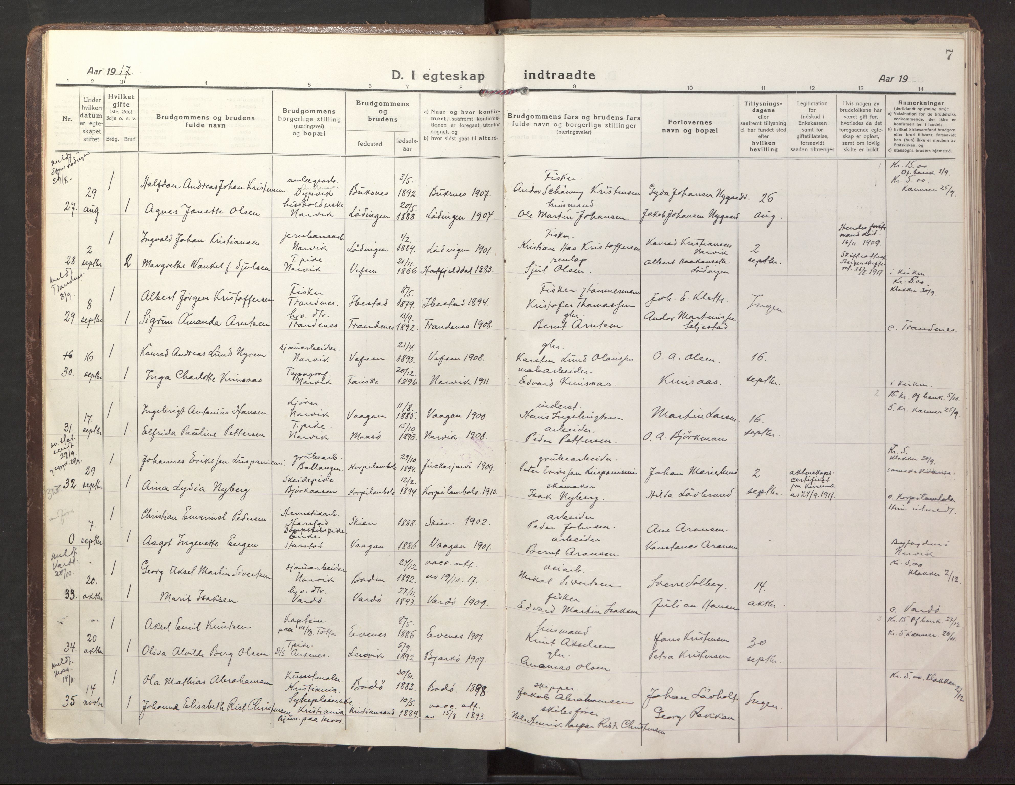 Ministerialprotokoller, klokkerbøker og fødselsregistre - Nordland, AV/SAT-A-1459/871/L1002: Parish register (official) no. 871A18, 1917-1926, p. 7