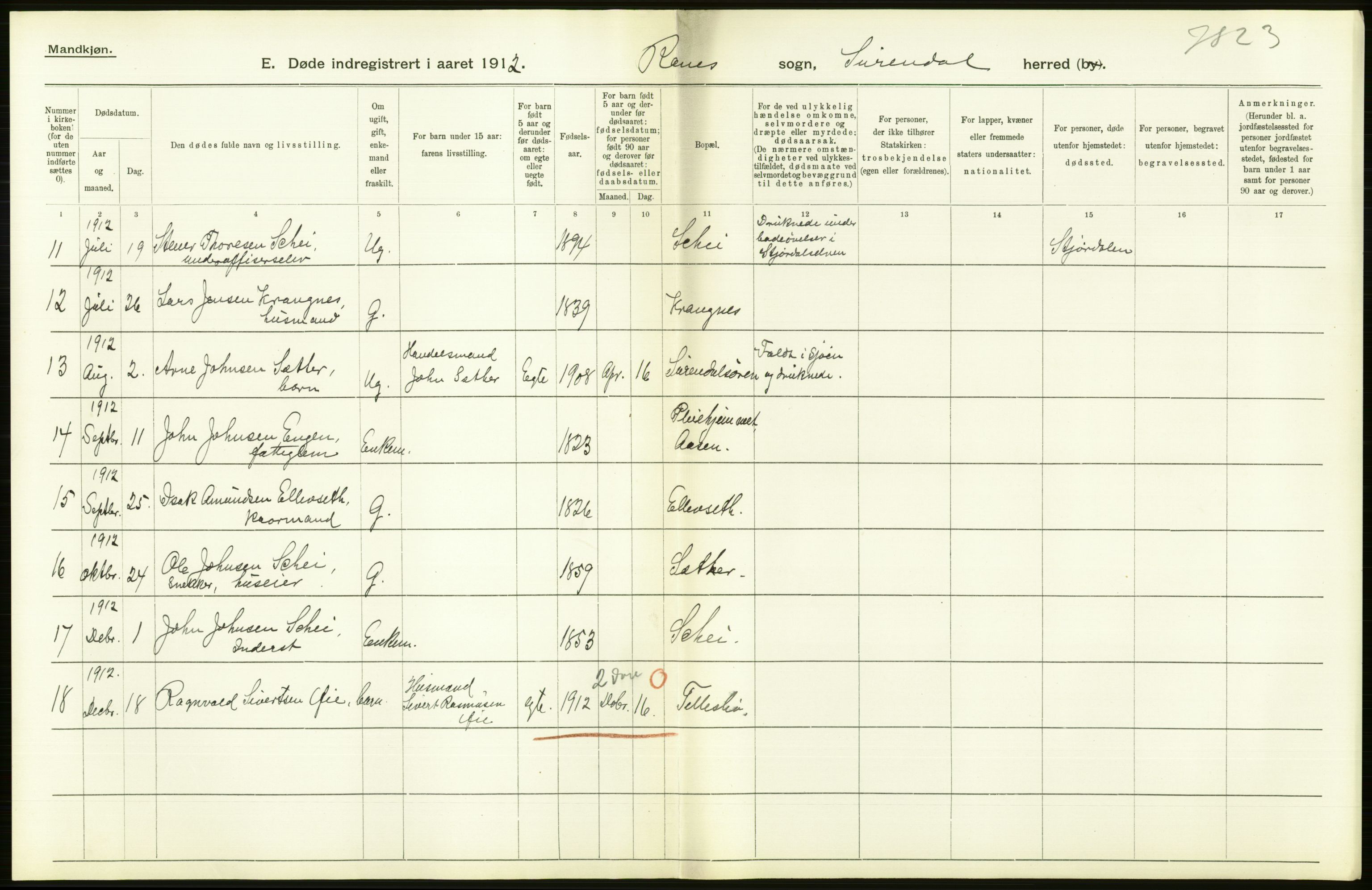 Statistisk sentralbyrå, Sosiodemografiske emner, Befolkning, AV/RA-S-2228/D/Df/Dfb/Dfbb/L0039: Romsdals amt: Døde, dødfødte. Bygder og byer., 1912, p. 304