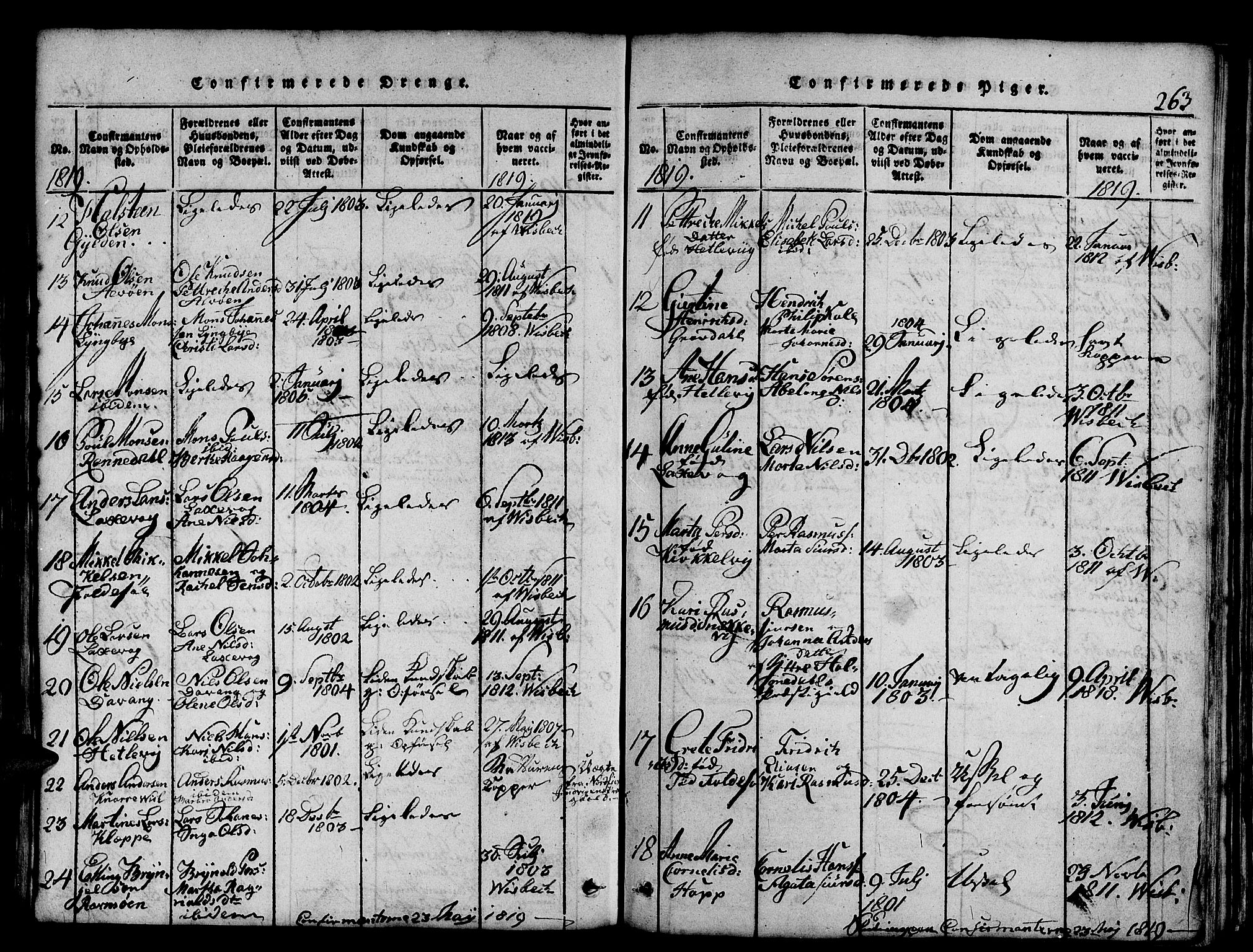 Askøy Sokneprestembete, AV/SAB-A-74101/H/Ha/Haa/Haaa/L0003: Parish register (official) no. A 3, 1815-1825, p. 263