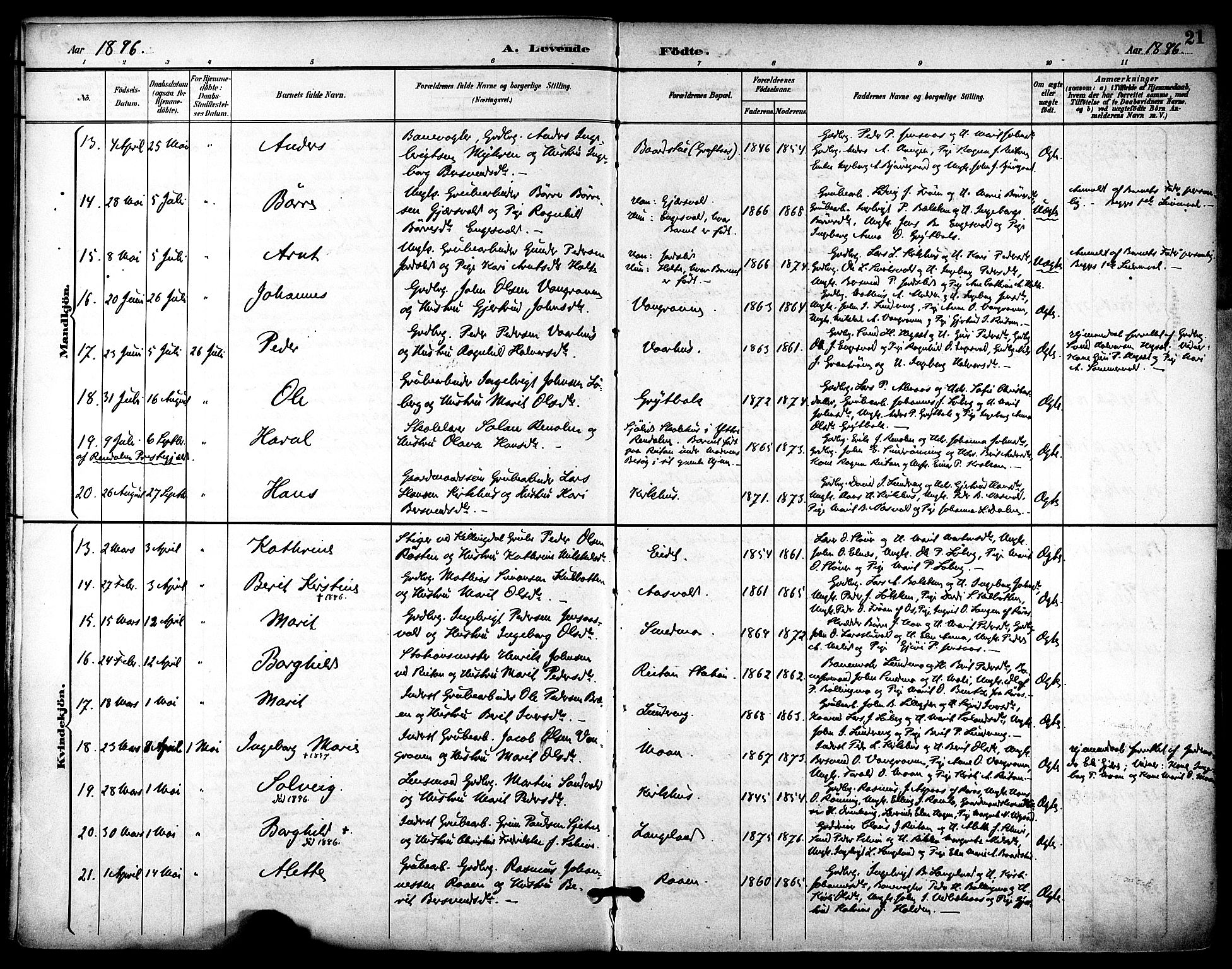 Ministerialprotokoller, klokkerbøker og fødselsregistre - Sør-Trøndelag, AV/SAT-A-1456/686/L0984: Parish register (official) no. 686A02, 1891-1906, p. 21