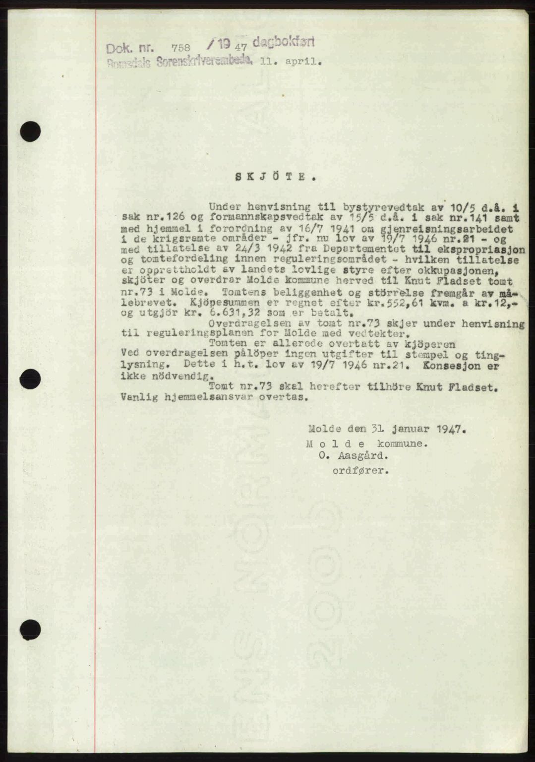 Romsdal sorenskriveri, SAT/A-4149/1/2/2C: Mortgage book no. A22, 1947-1947, Diary no: : 758/1947