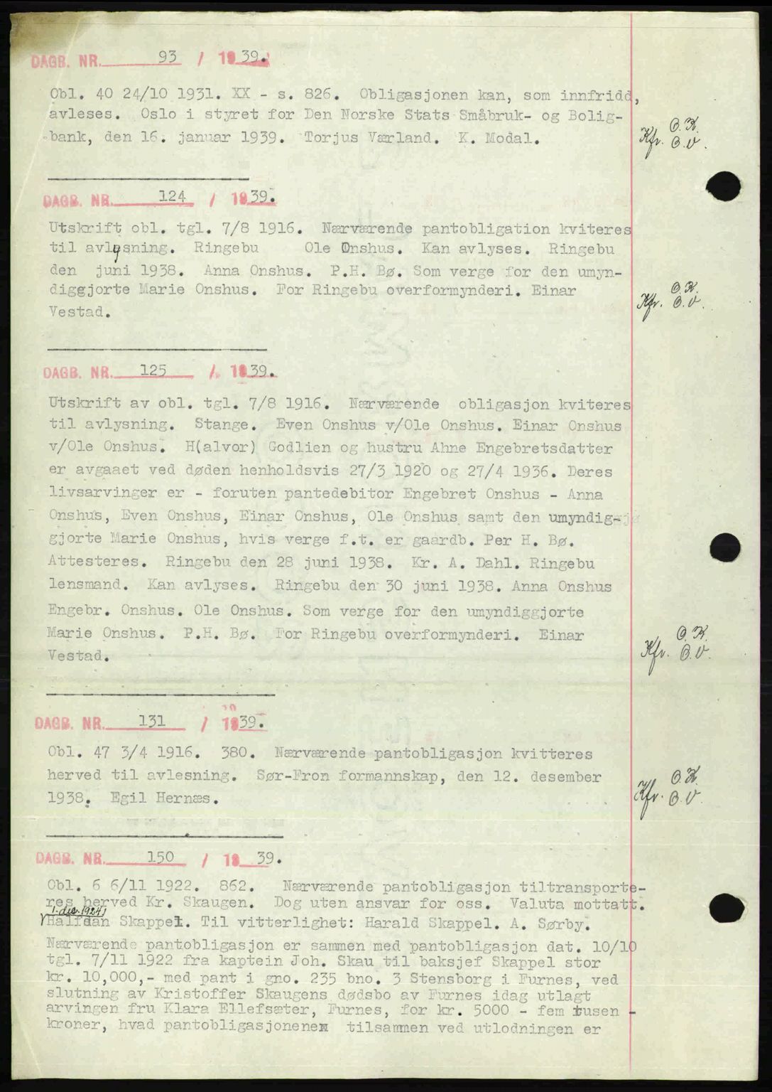 Sør-Gudbrandsdal tingrett, SAH/TING-004/H/Hb/Hbf/L0002: Mortgage book no. C1, 1938-1951, Diary no: : 93/1939