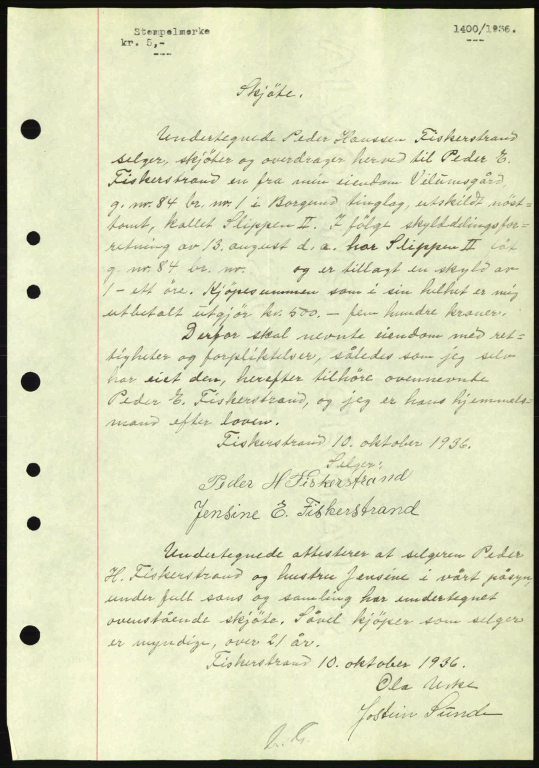 Nordre Sunnmøre sorenskriveri, AV/SAT-A-0006/1/2/2C/2Ca: Mortgage book no. A2, 1936-1937, Diary no: : 1400/1936