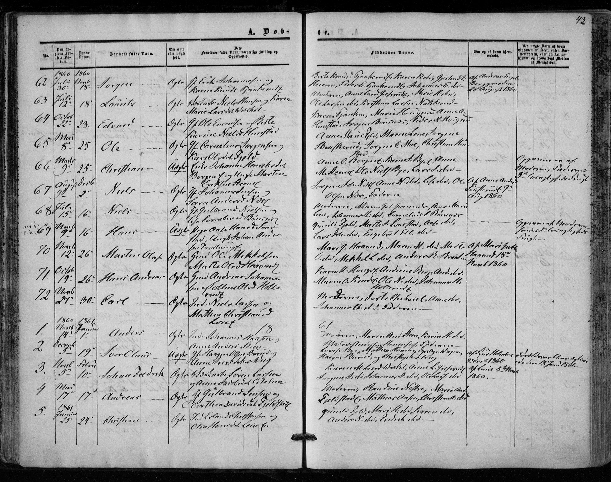 Hole kirkebøker, SAKO/A-228/F/Fa/L0006: Parish register (official) no. I 6, 1852-1872, p. 43