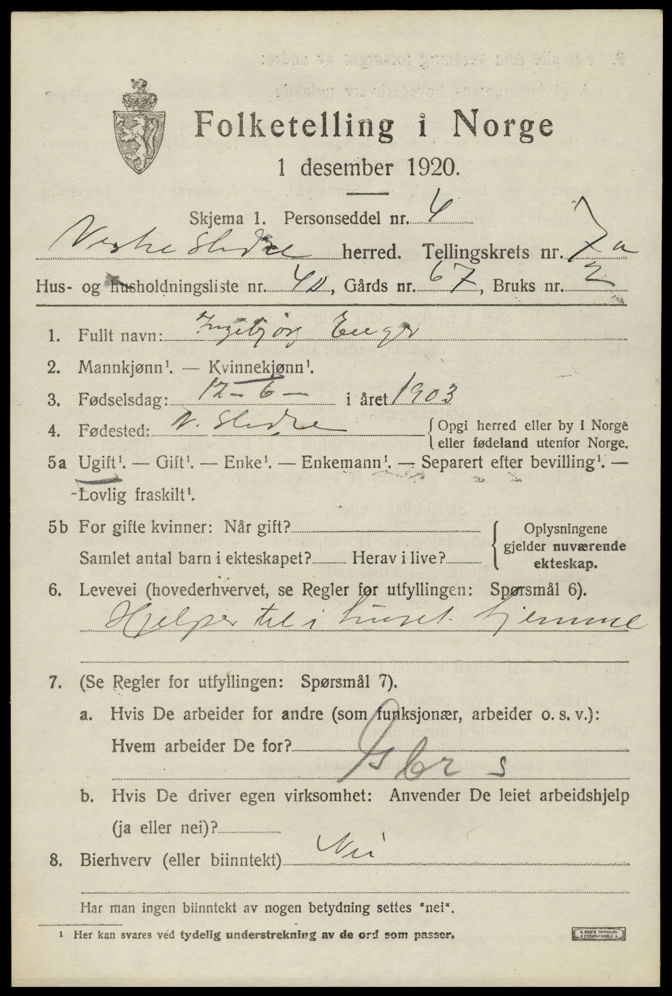 SAH, 1920 census for Vestre Slidre, 1920, p. 4026