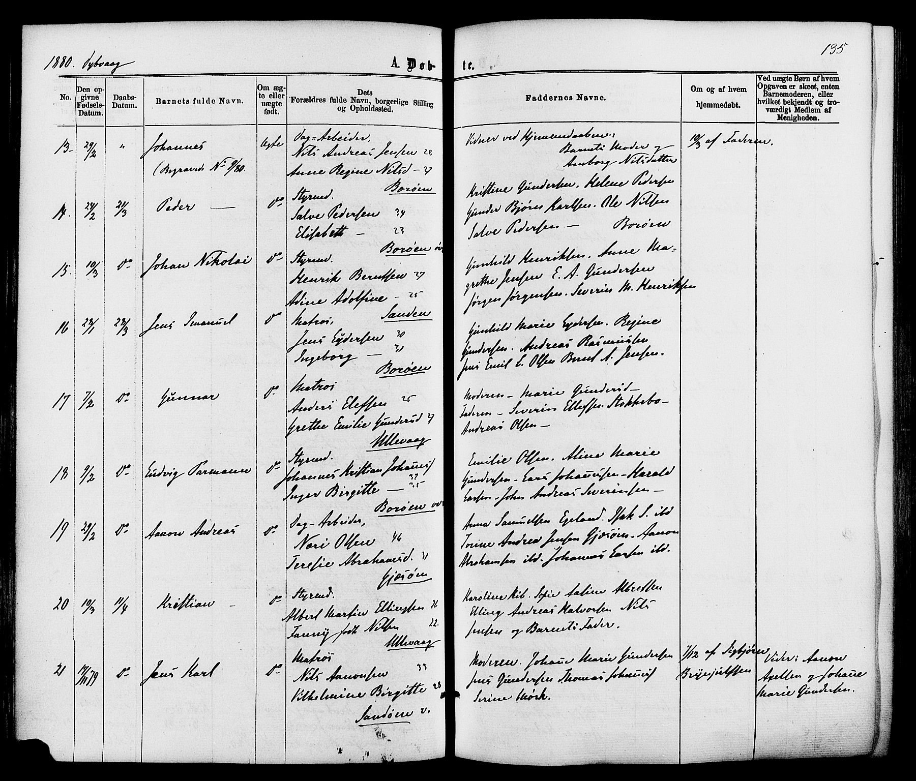 Dypvåg sokneprestkontor, AV/SAK-1111-0007/F/Fa/Faa/L0007: Parish register (official) no. A 7/ 1, 1872-1884, p. 135