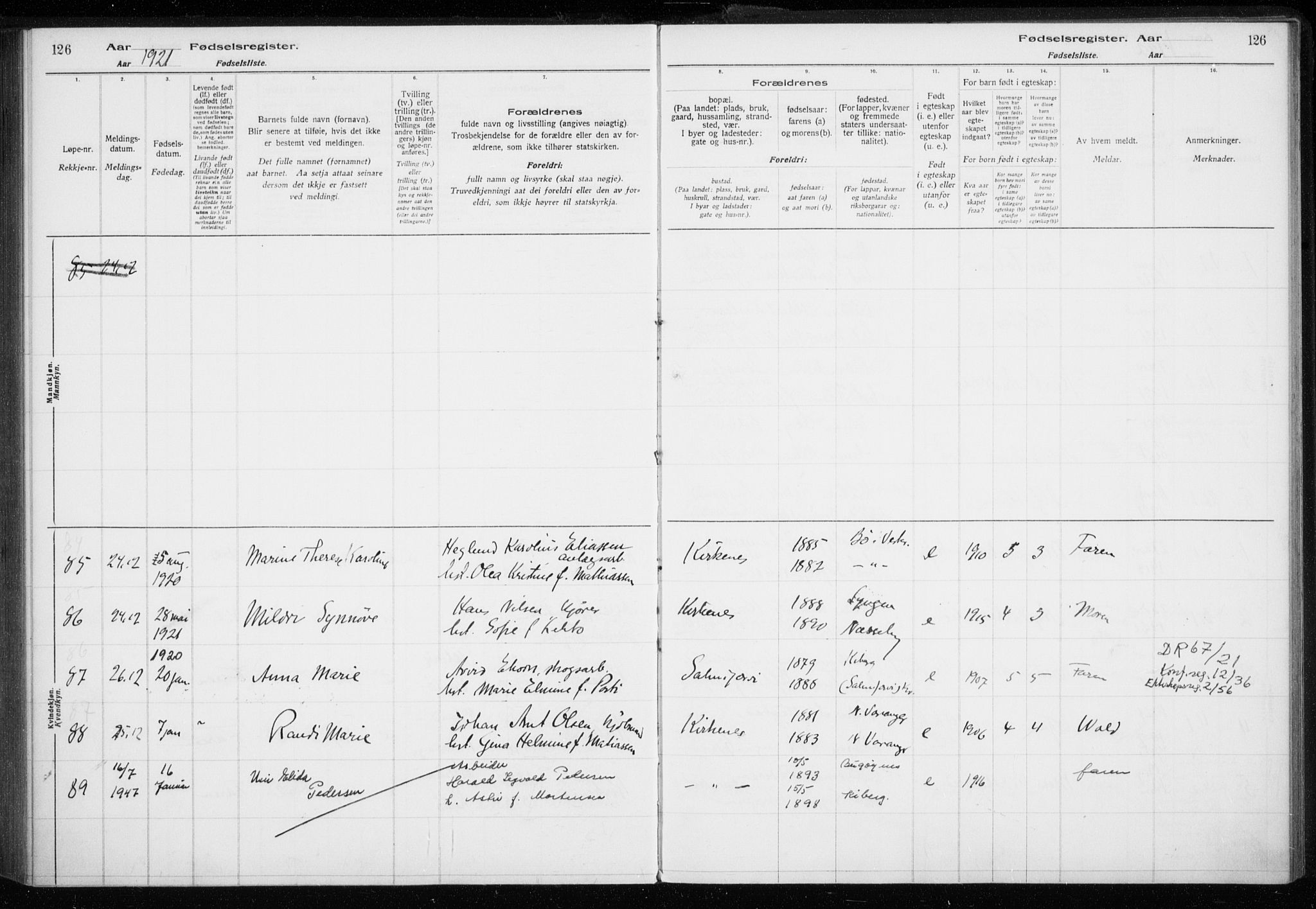 Sør-Varanger sokneprestkontor, AV/SATØ-S-1331/I/Ia/L0016: Birth register no. 16, 1915-1925, p. 126