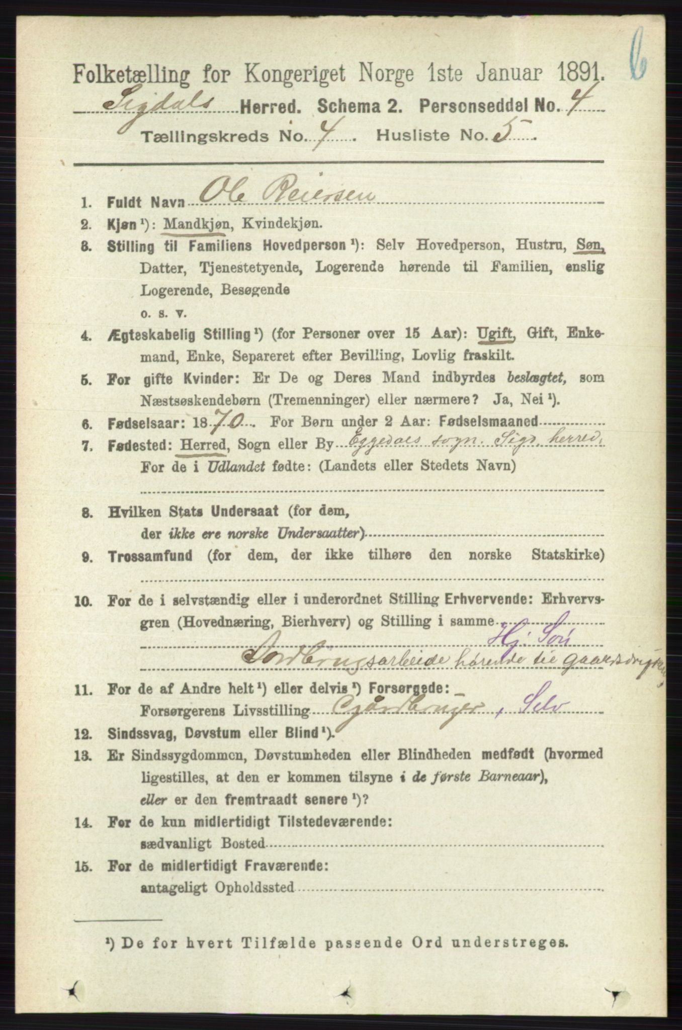 RA, 1891 census for 0621 Sigdal, 1891, p. 4691