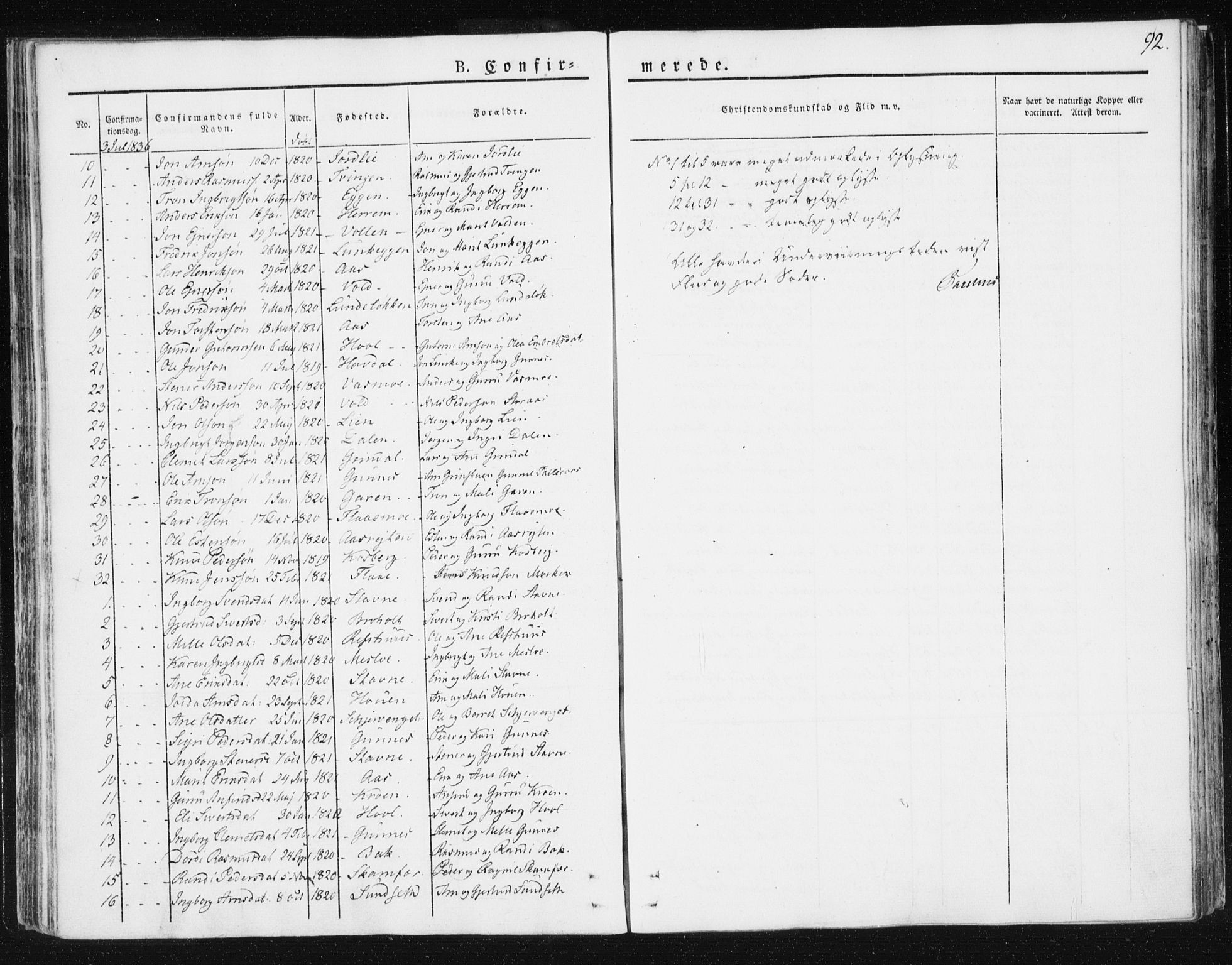 Ministerialprotokoller, klokkerbøker og fødselsregistre - Sør-Trøndelag, SAT/A-1456/674/L0869: Parish register (official) no. 674A01, 1829-1860, p. 92