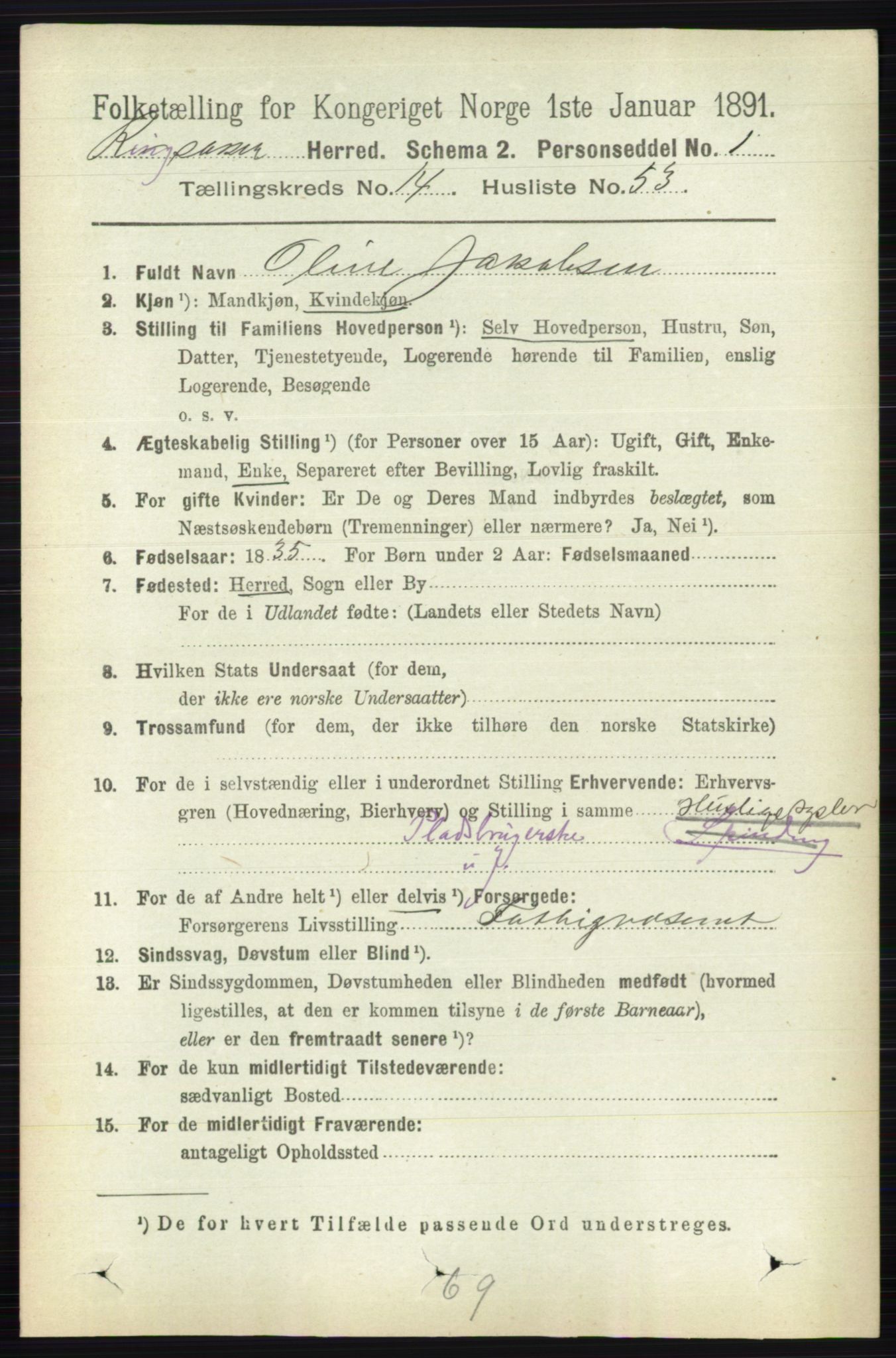 RA, 1891 census for 0412 Ringsaker, 1891, p. 8149