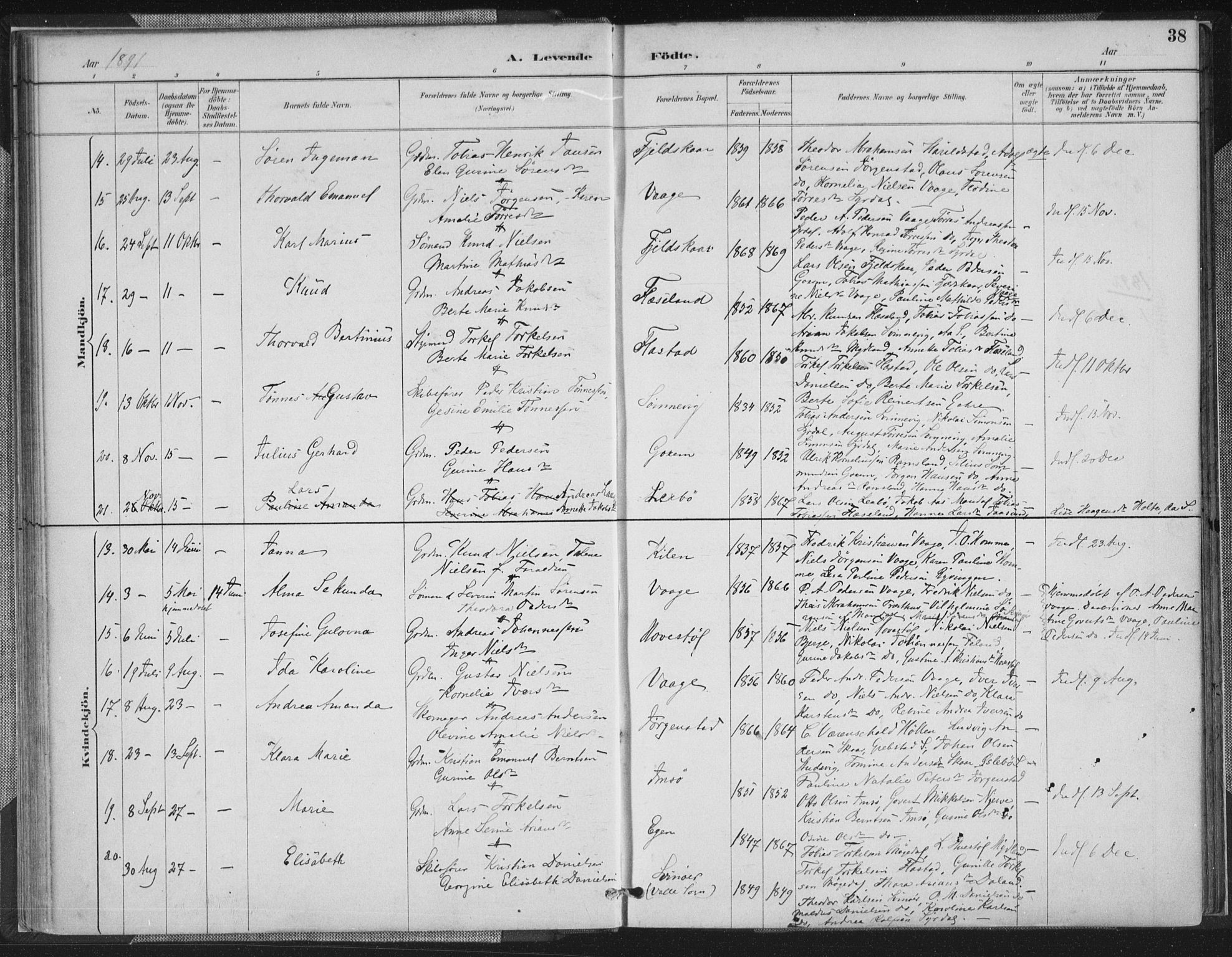 Sør-Audnedal sokneprestkontor, AV/SAK-1111-0039/F/Fa/Faa/L0004: Parish register (official) no. A 4, 1884-1909, p. 38