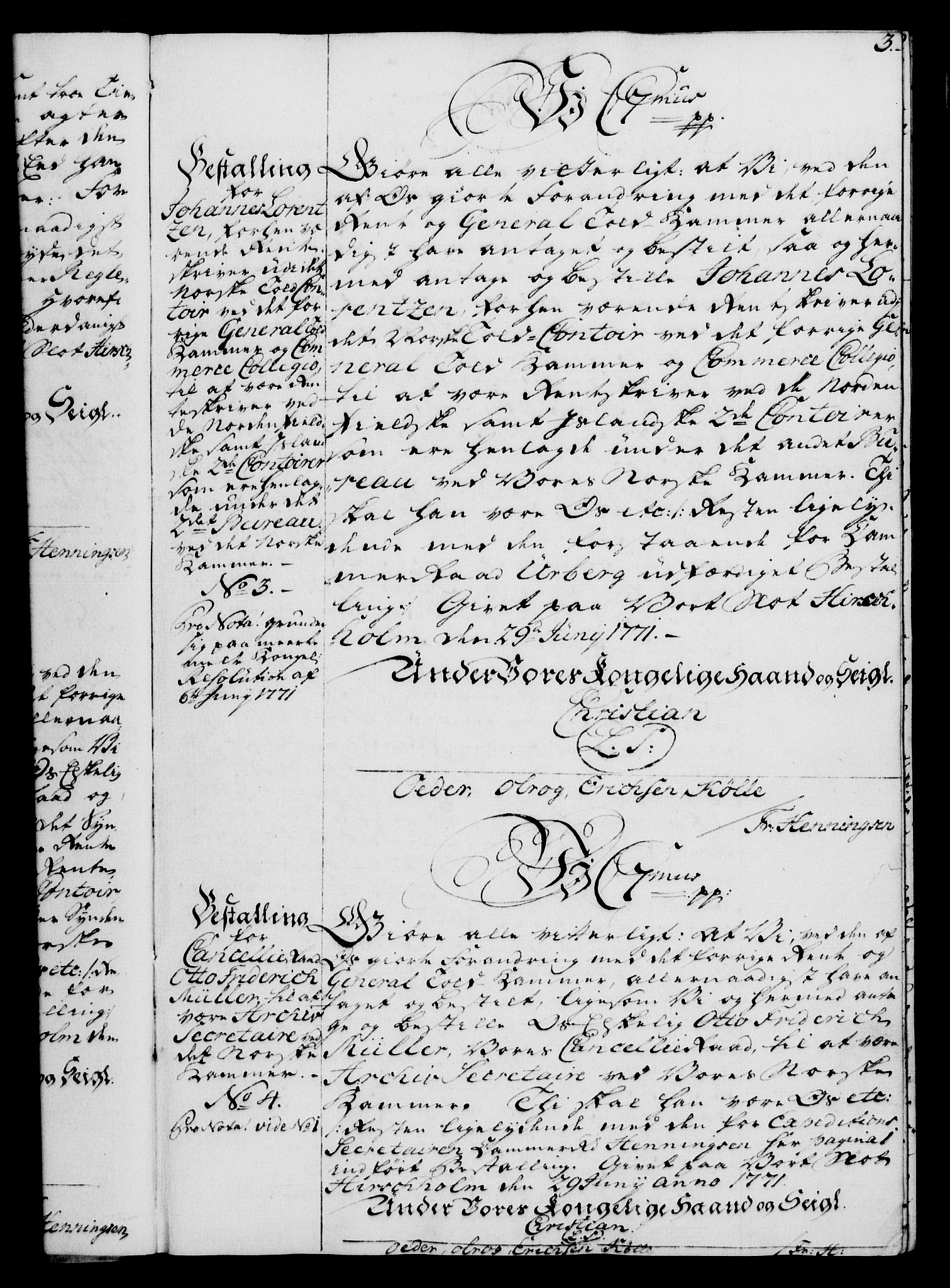 Rentekammeret, Kammerkanselliet, RA/EA-3111/G/Gg/Gge/L0005: Norsk bestallingsprotokoll med register (merket RK 53.29), 1771-1773, p. 3