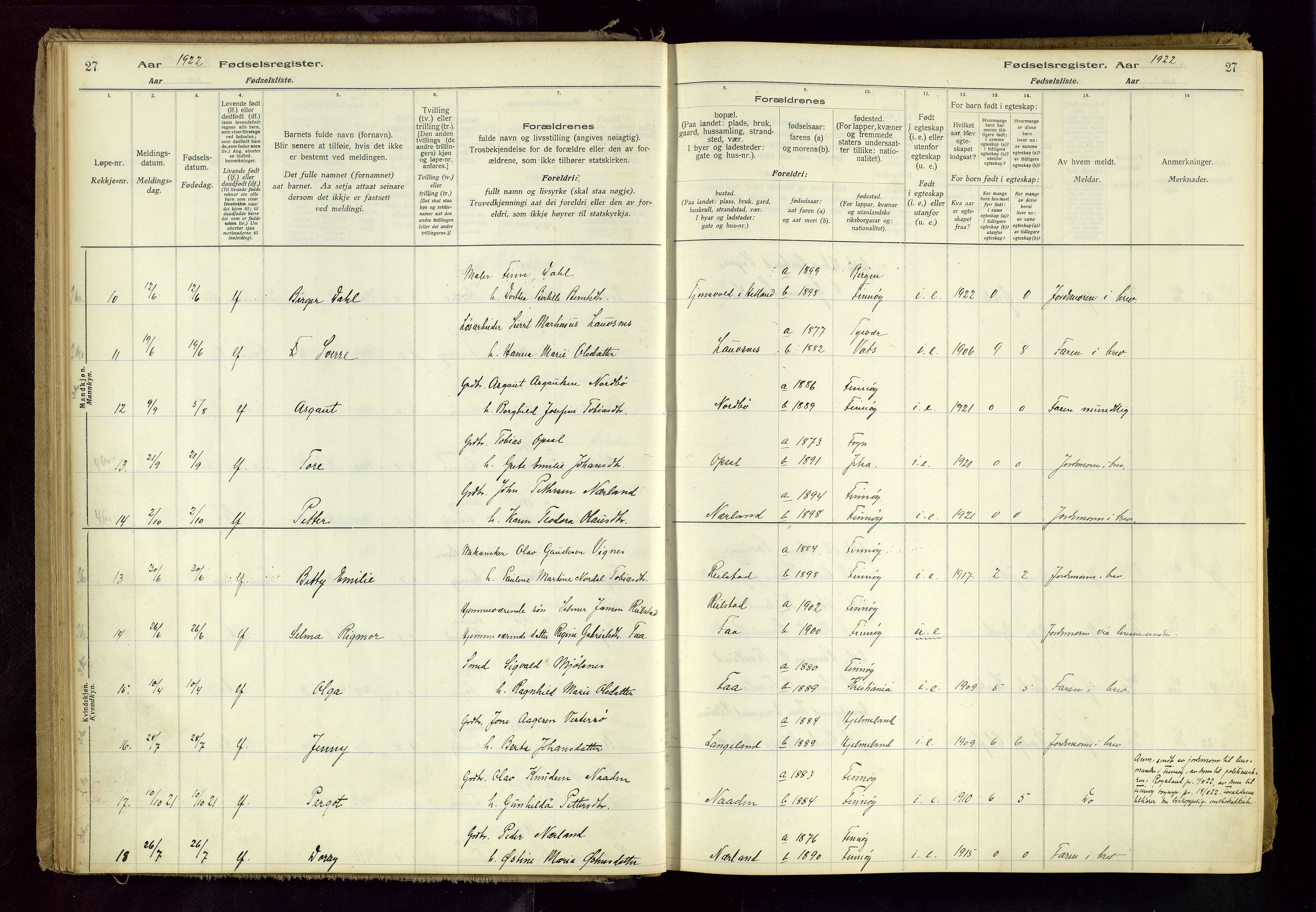 Finnøy sokneprestkontor, AV/SAST-A-101825/I/Id/L0001: Birth register no. 1, 1916-1977, p. 27