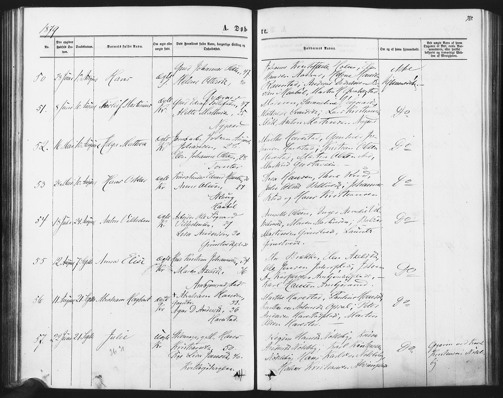 Kråkstad prestekontor Kirkebøker, SAO/A-10125a/F/Fa/L0008: Parish register (official) no. I 8, 1870-1879, p. 70