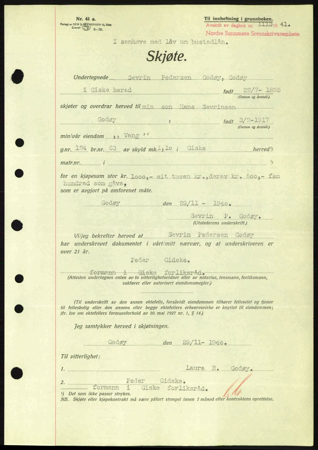 Nordre Sunnmøre sorenskriveri, AV/SAT-A-0006/1/2/2C/2Ca: Mortgage book no. A11, 1941-1941, Diary no: : 1113/1941