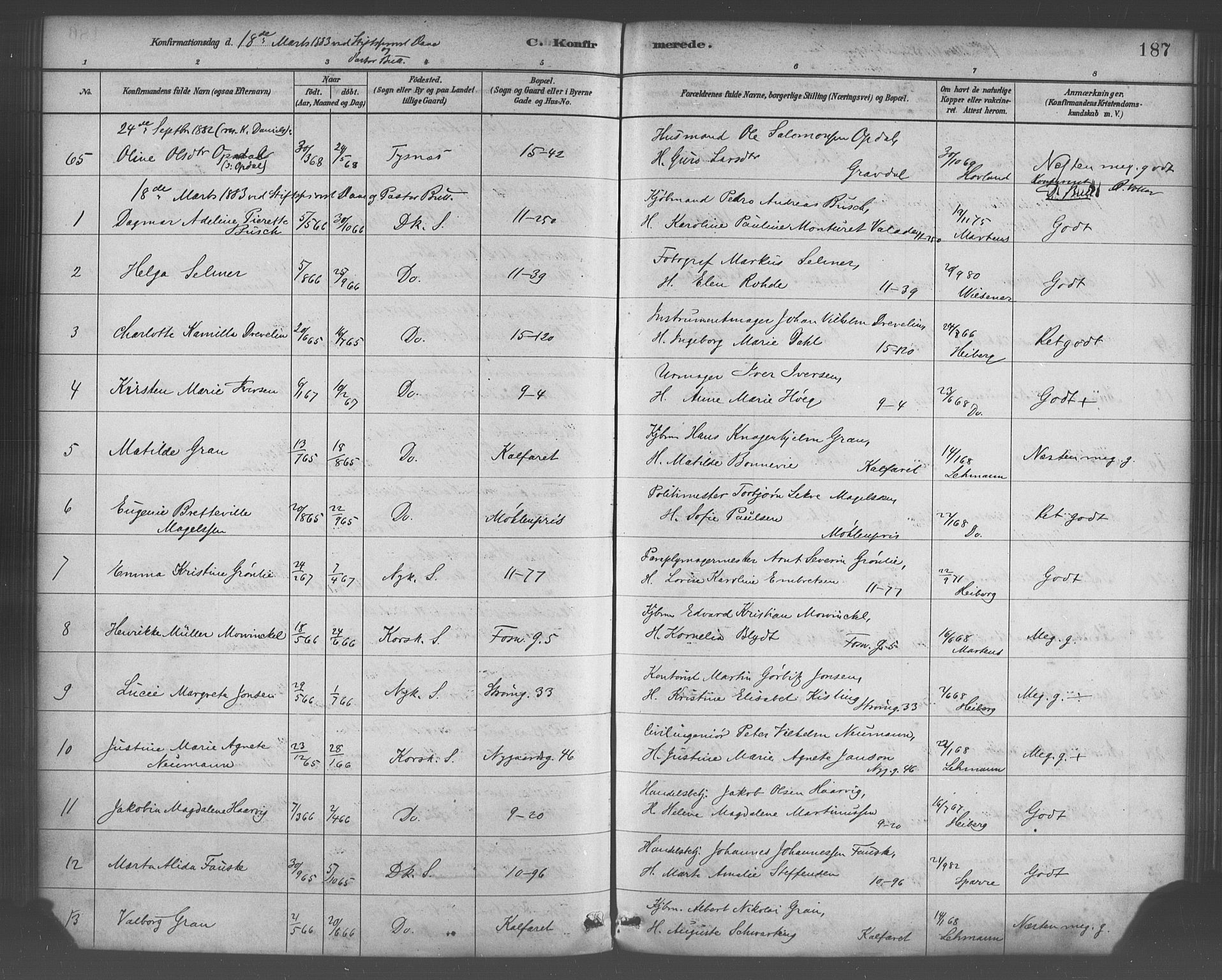 Domkirken sokneprestembete, AV/SAB-A-74801/H/Haa/L0030: Parish register (official) no. C 5, 1880-1898, p. 187