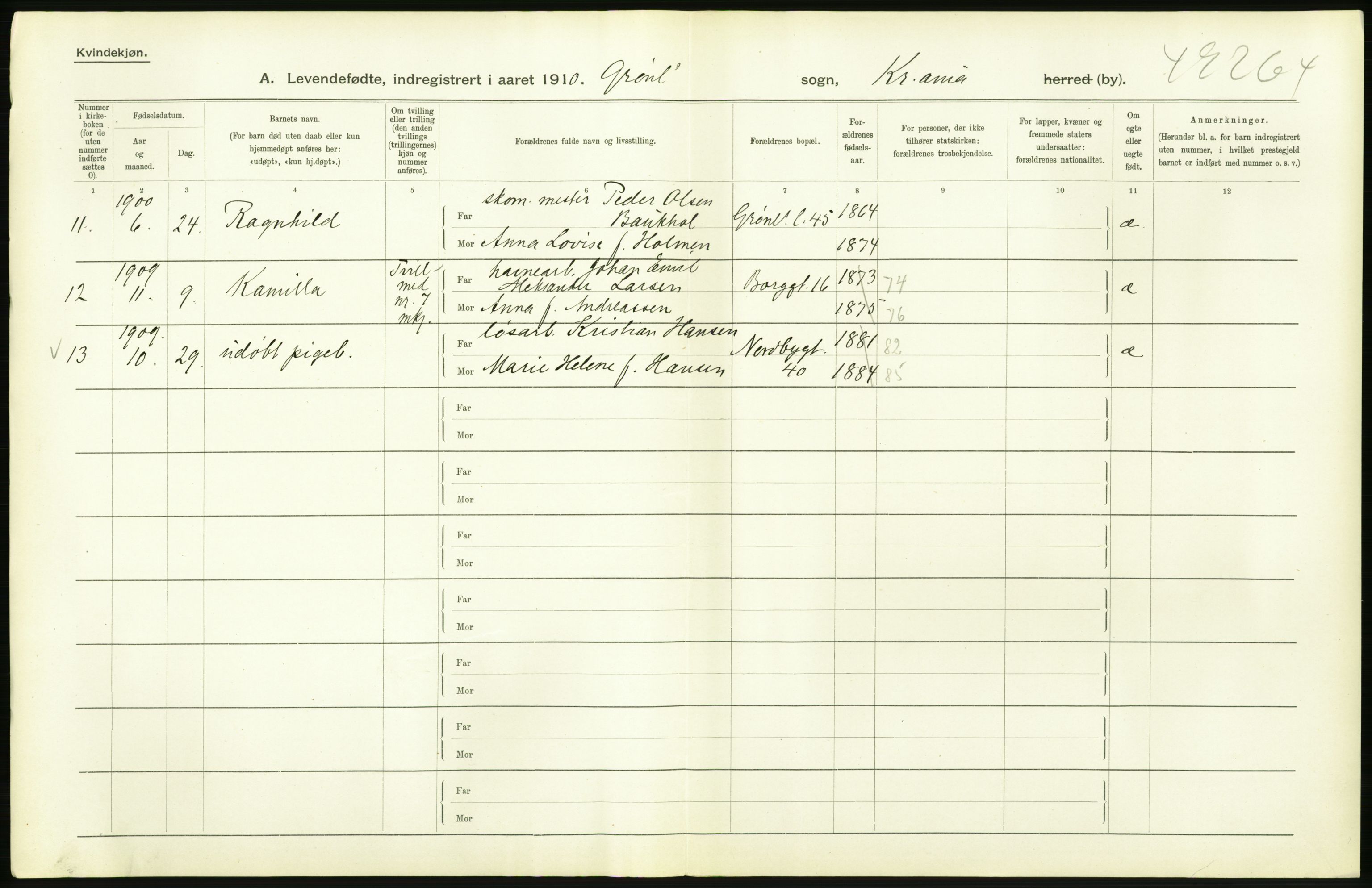 Statistisk sentralbyrå, Sosiodemografiske emner, Befolkning, AV/RA-S-2228/D/Df/Dfa/Dfah/L0007: Kristiania: Levendefødte kvinner., 1910, p. 488