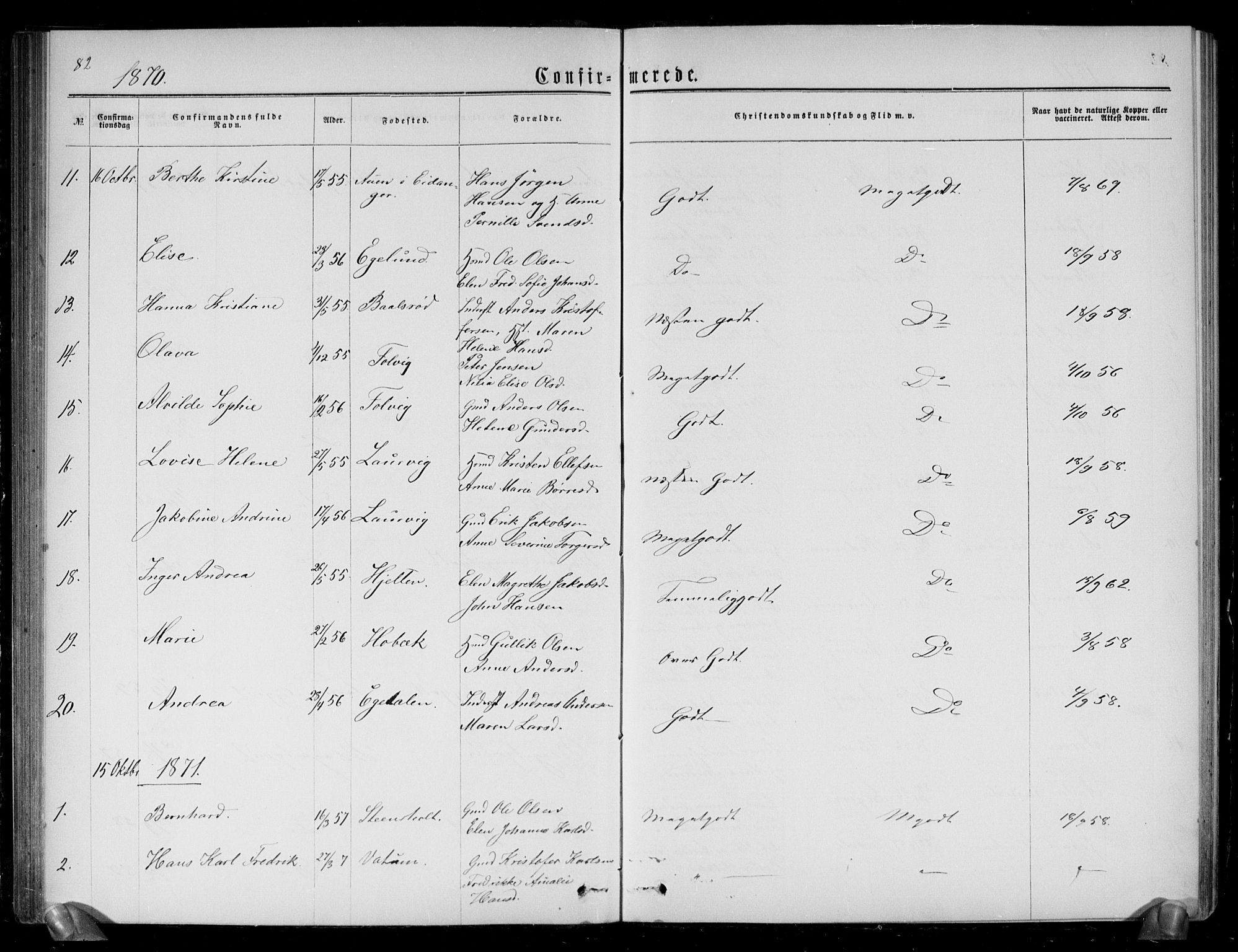 Brunlanes kirkebøker, AV/SAKO-A-342/G/Ga/L0002: Parish register (copy) no. I 2, 1866-1876, p. 82