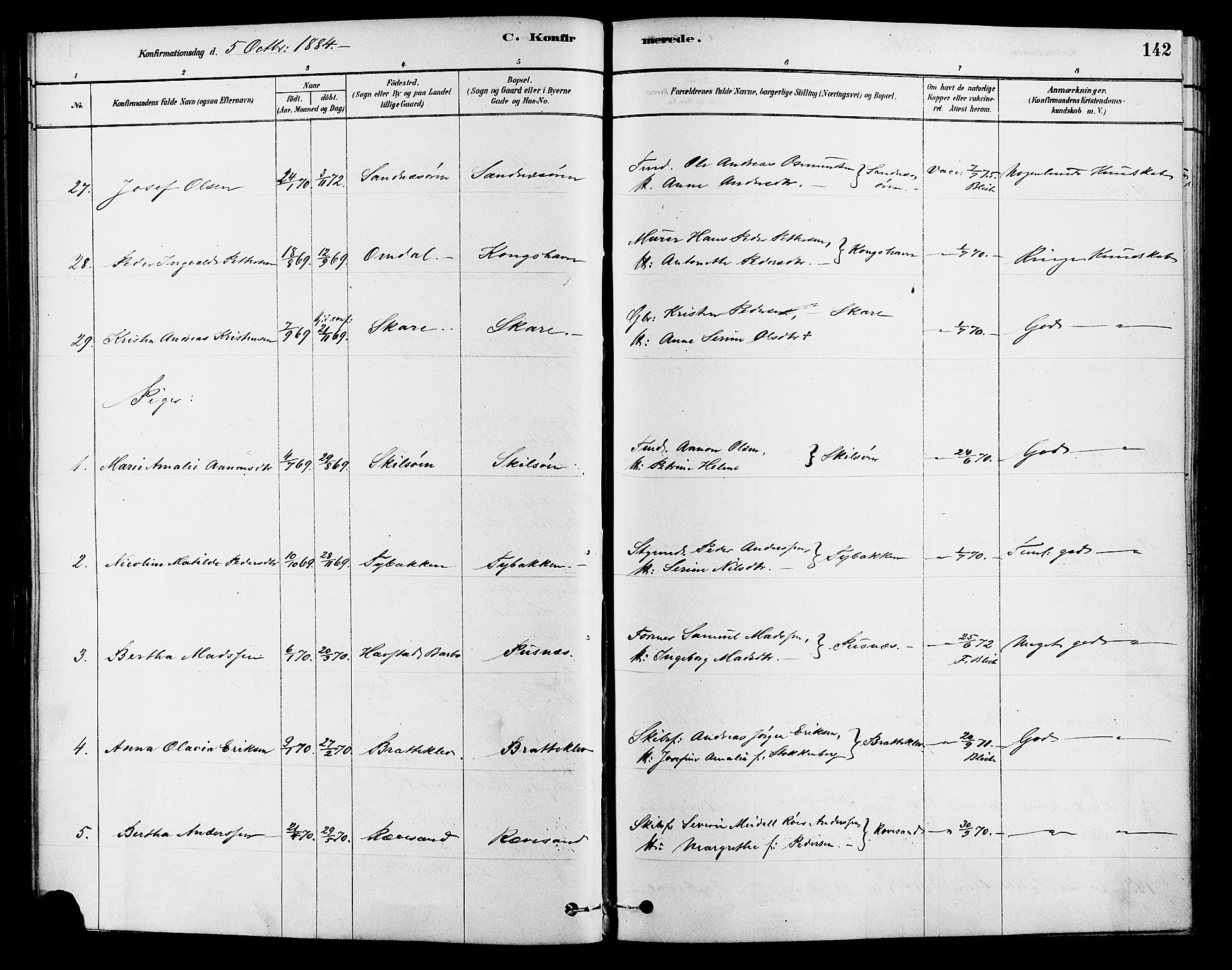 Tromøy sokneprestkontor, AV/SAK-1111-0041/F/Fa/L0009: Parish register (official) no. A 9, 1878-1896, p. 142