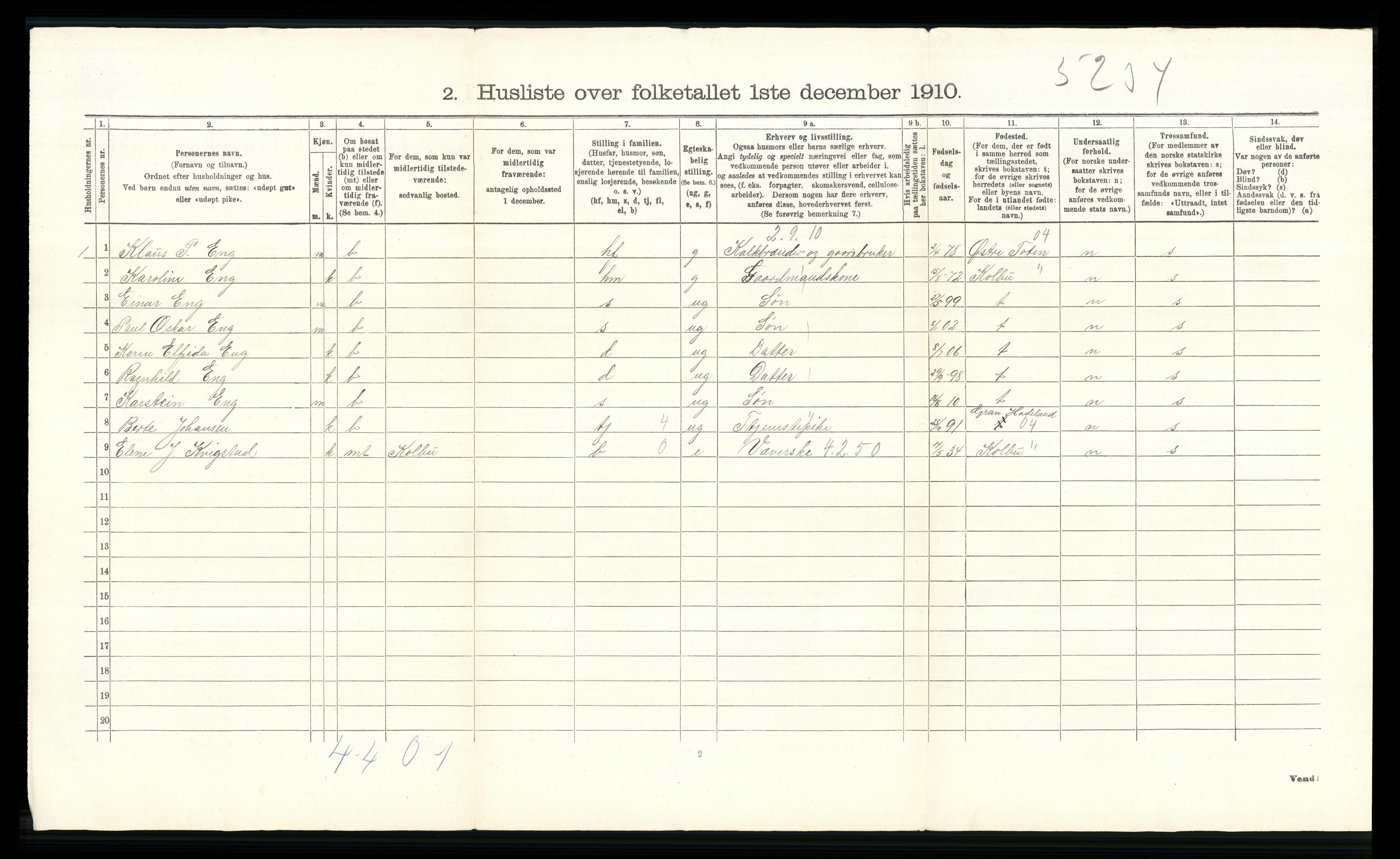 RA, 1910 census for Vestre Toten, 1910, p. 714