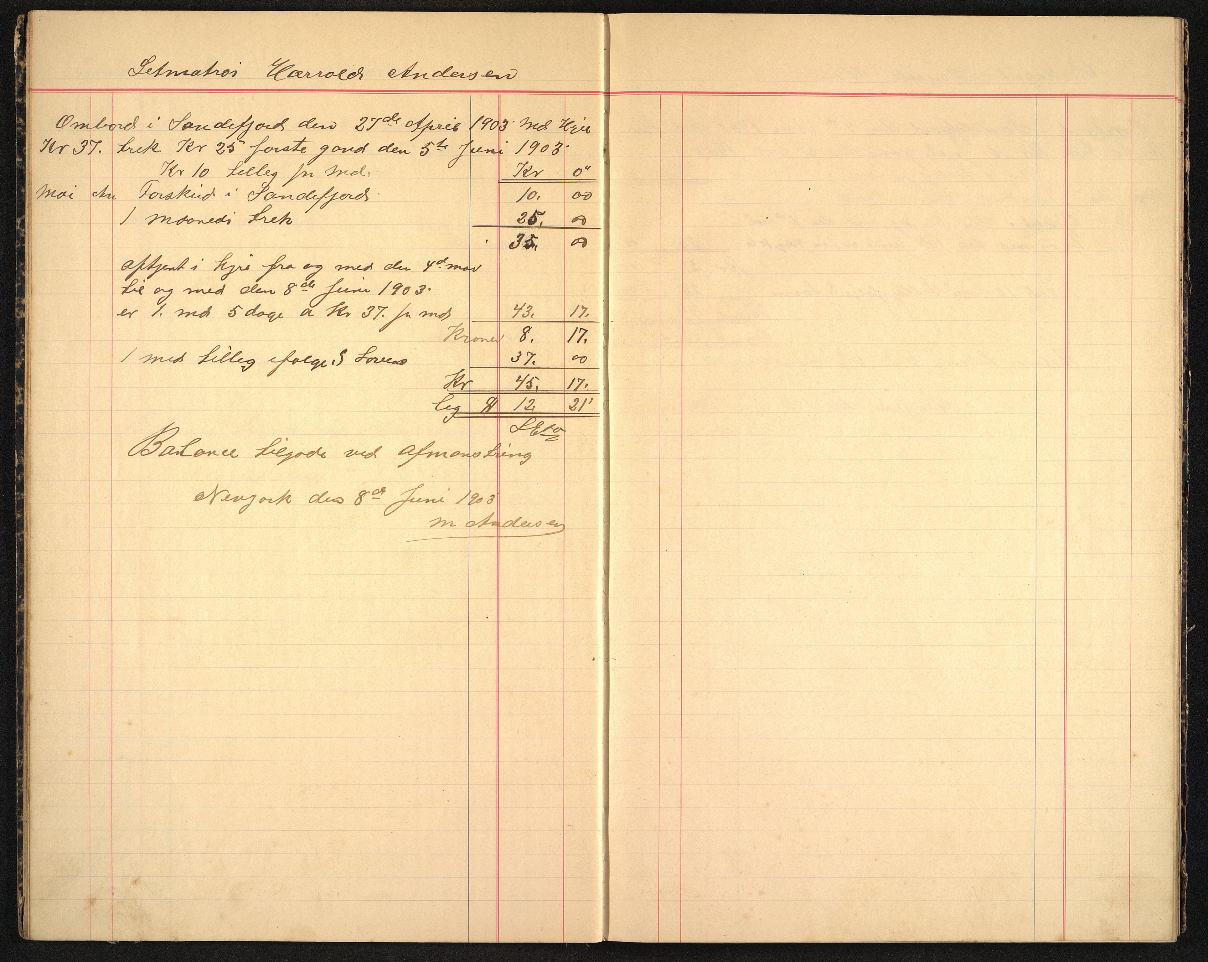 Andersen, M. Kaptein, VEMU/VFA-A-1140/R/L0005: Regnskapsjournal - mannskapsavregninger, 1903-1905