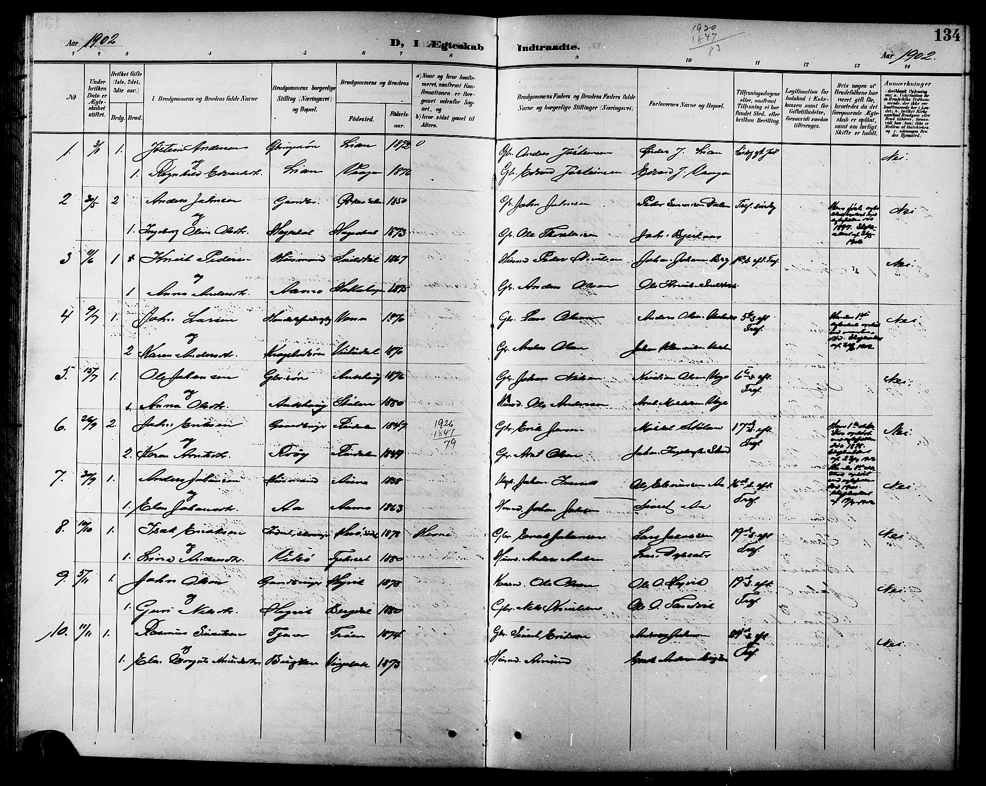 Ministerialprotokoller, klokkerbøker og fødselsregistre - Sør-Trøndelag, AV/SAT-A-1456/630/L0505: Parish register (copy) no. 630C03, 1899-1914, p. 134