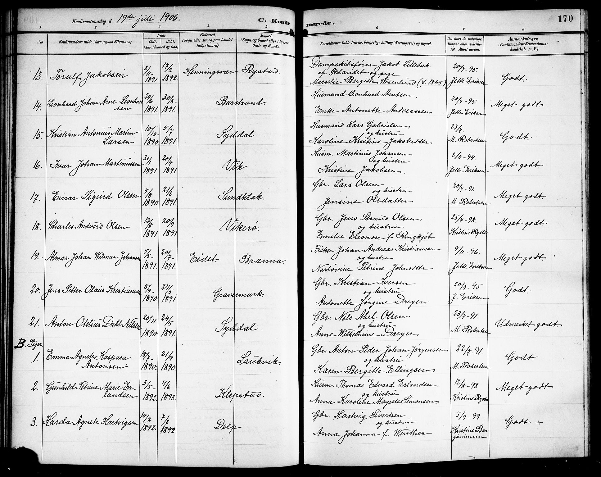 Ministerialprotokoller, klokkerbøker og fødselsregistre - Nordland, AV/SAT-A-1459/876/L1105: Parish register (copy) no. 876C04, 1896-1914, p. 170