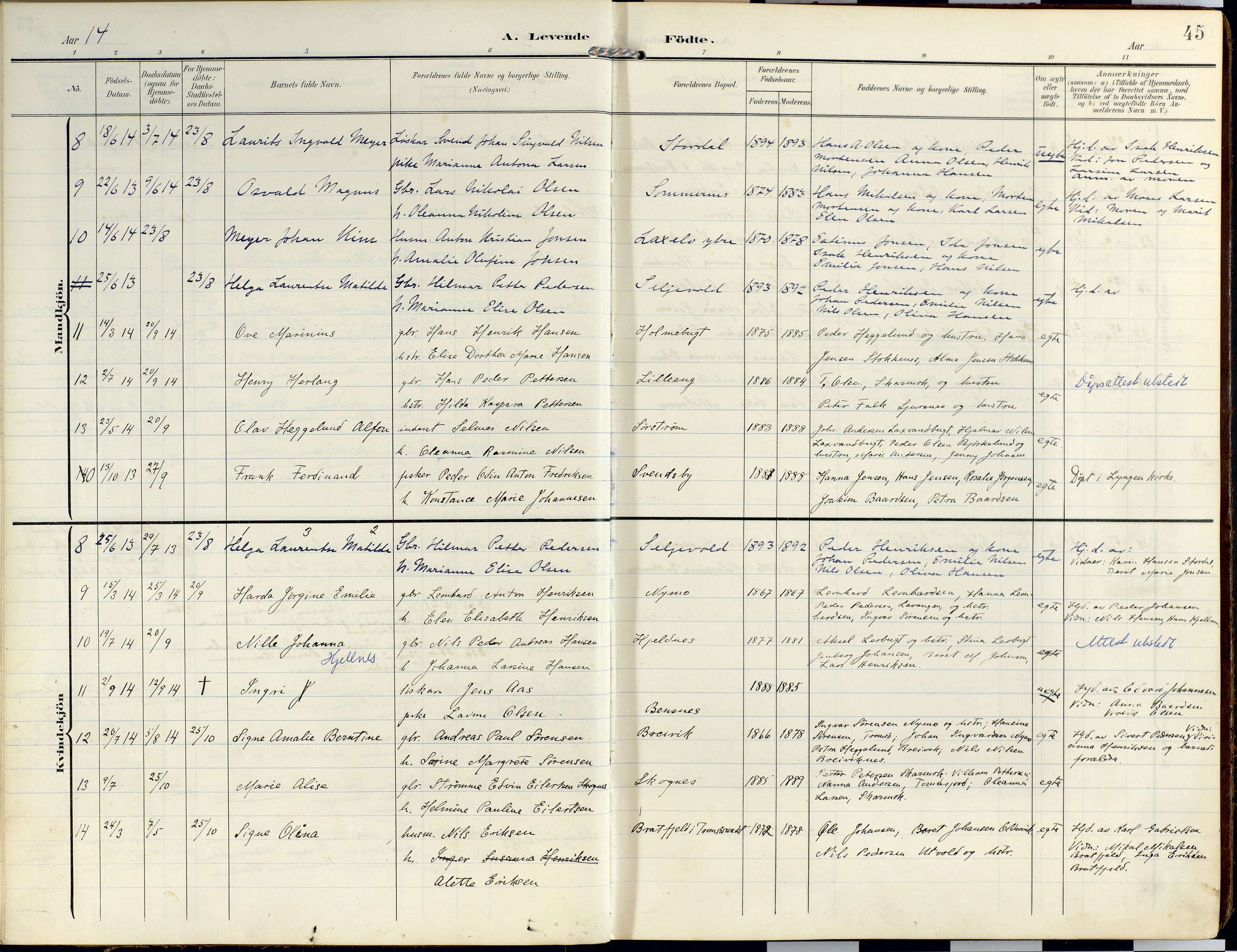 Lyngen sokneprestembete, SATØ/S-1289/H/He/Hea/L0014kirke: Parish register (official) no. 14, 1905-1920, p. 45