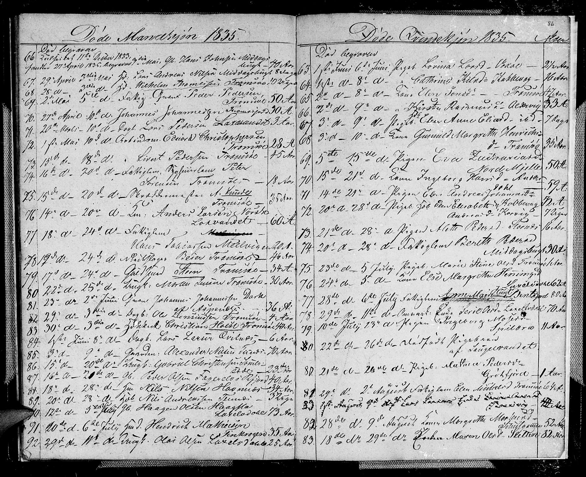 Tromsø sokneprestkontor/stiftsprosti/domprosti, AV/SATØ-S-1343/G/Gb/L0003klokker: Parish register (copy) no. 3, 1833-1836, p. 56