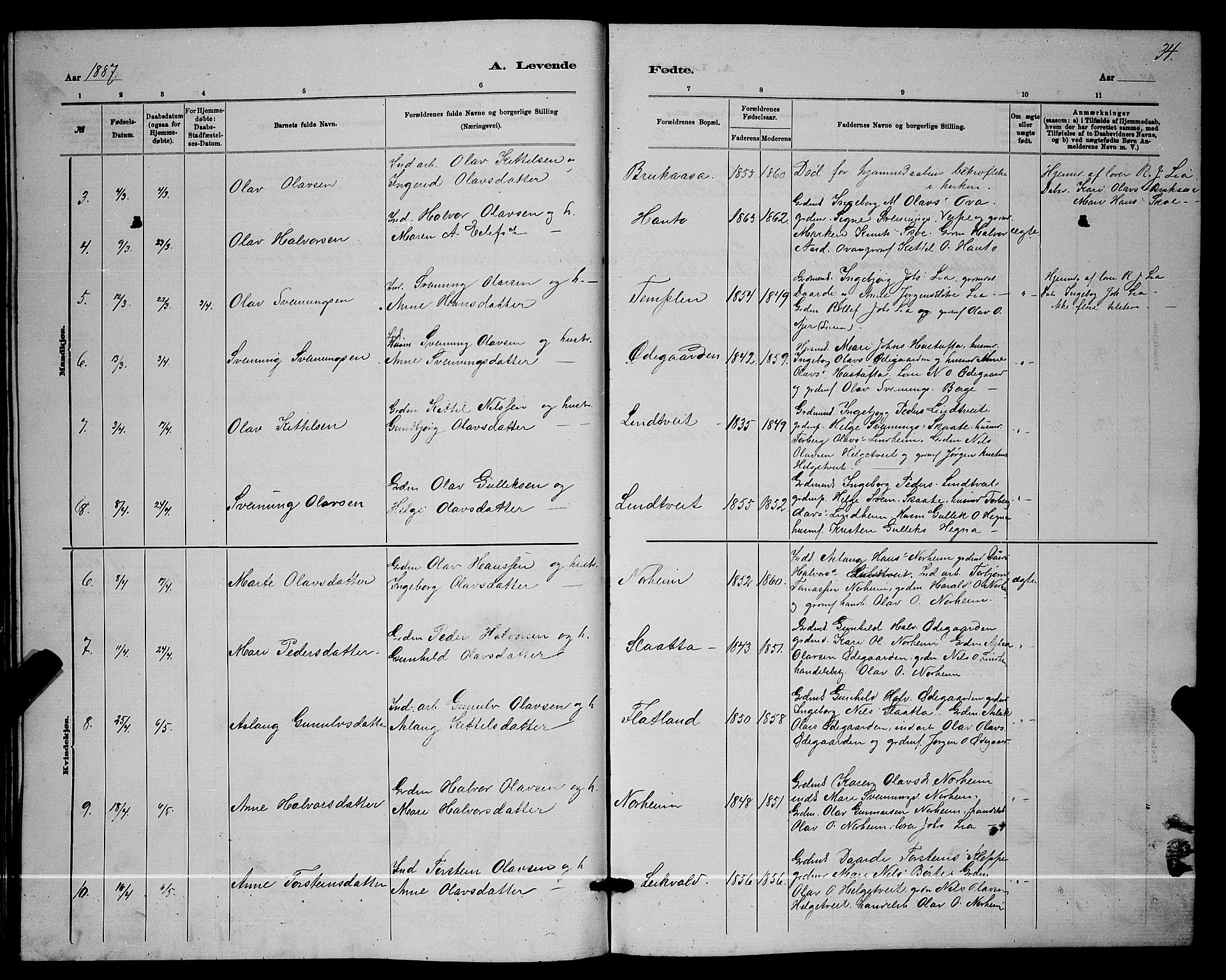 Lunde kirkebøker, AV/SAKO-A-282/G/Ga/L0001b: Parish register (copy) no. I 1, 1879-1887, p. 34