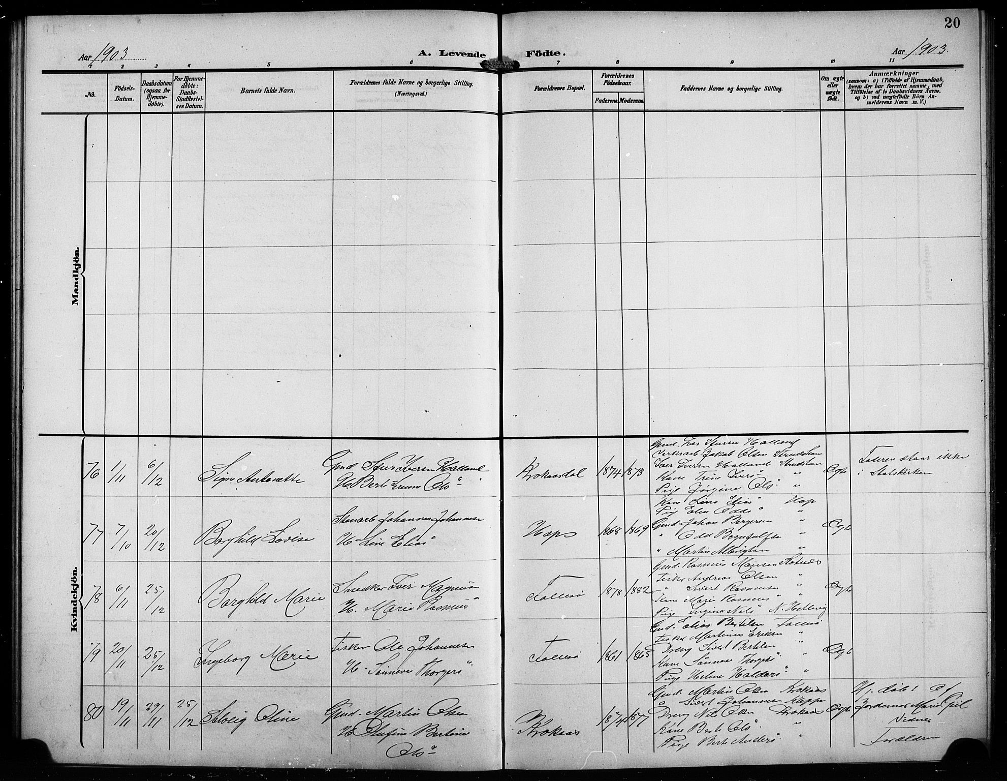 Askøy Sokneprestembete, SAB/A-74101/H/Ha/Hab/Haba/L0010: Parish register (copy) no. A 10, 1903-1907, p. 20
