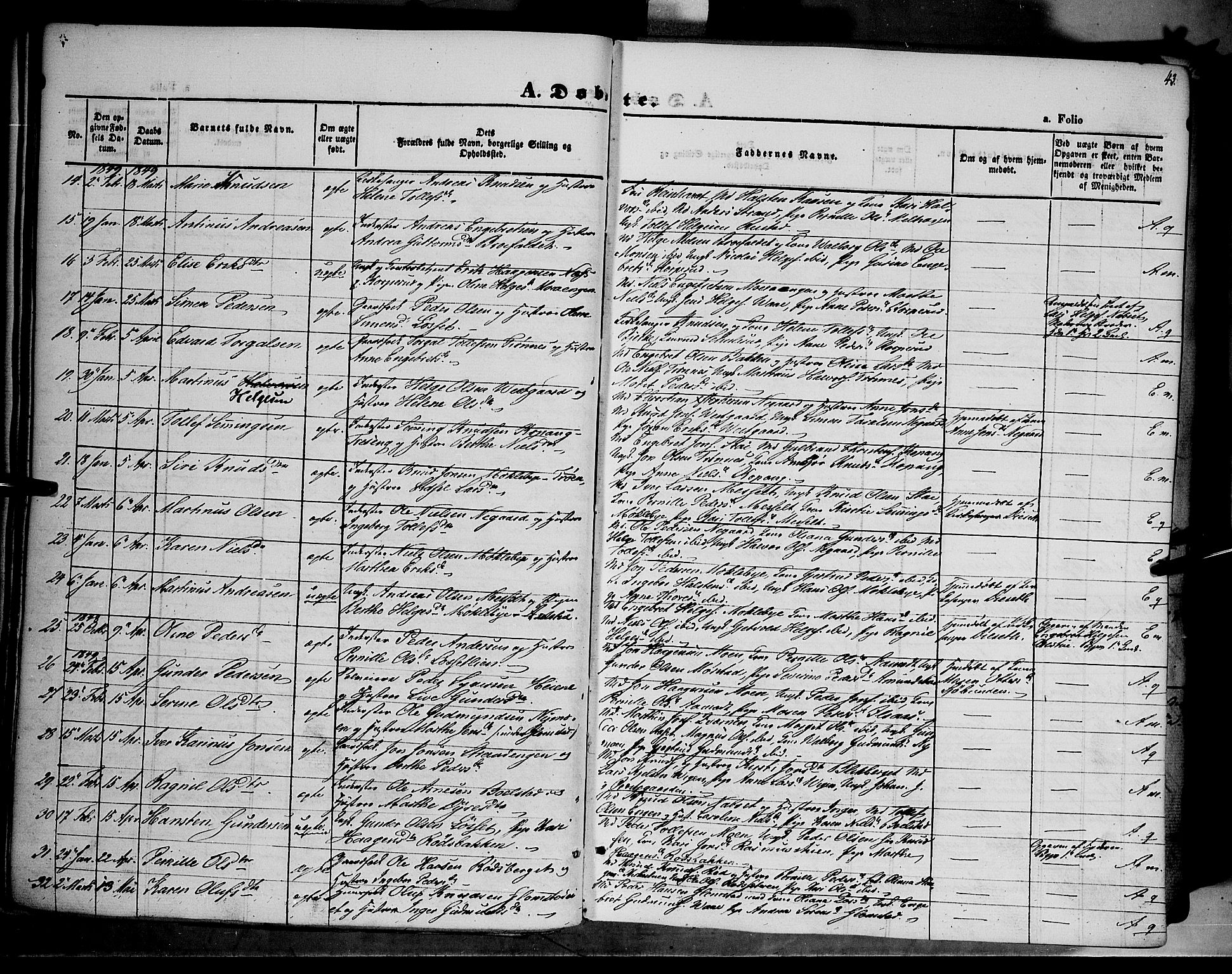 Åmot prestekontor, Hedmark, SAH/PREST-056/H/Ha/Haa/L0006: Parish register (official) no. 6, 1842-1861, p. 43