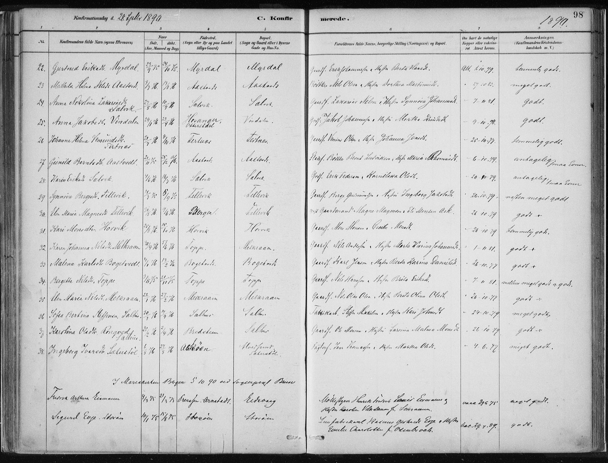 Hamre sokneprestembete, AV/SAB-A-75501/H/Ha/Haa/Haad/L0001: Parish register (official) no. D  1, 1882-1906, p. 98