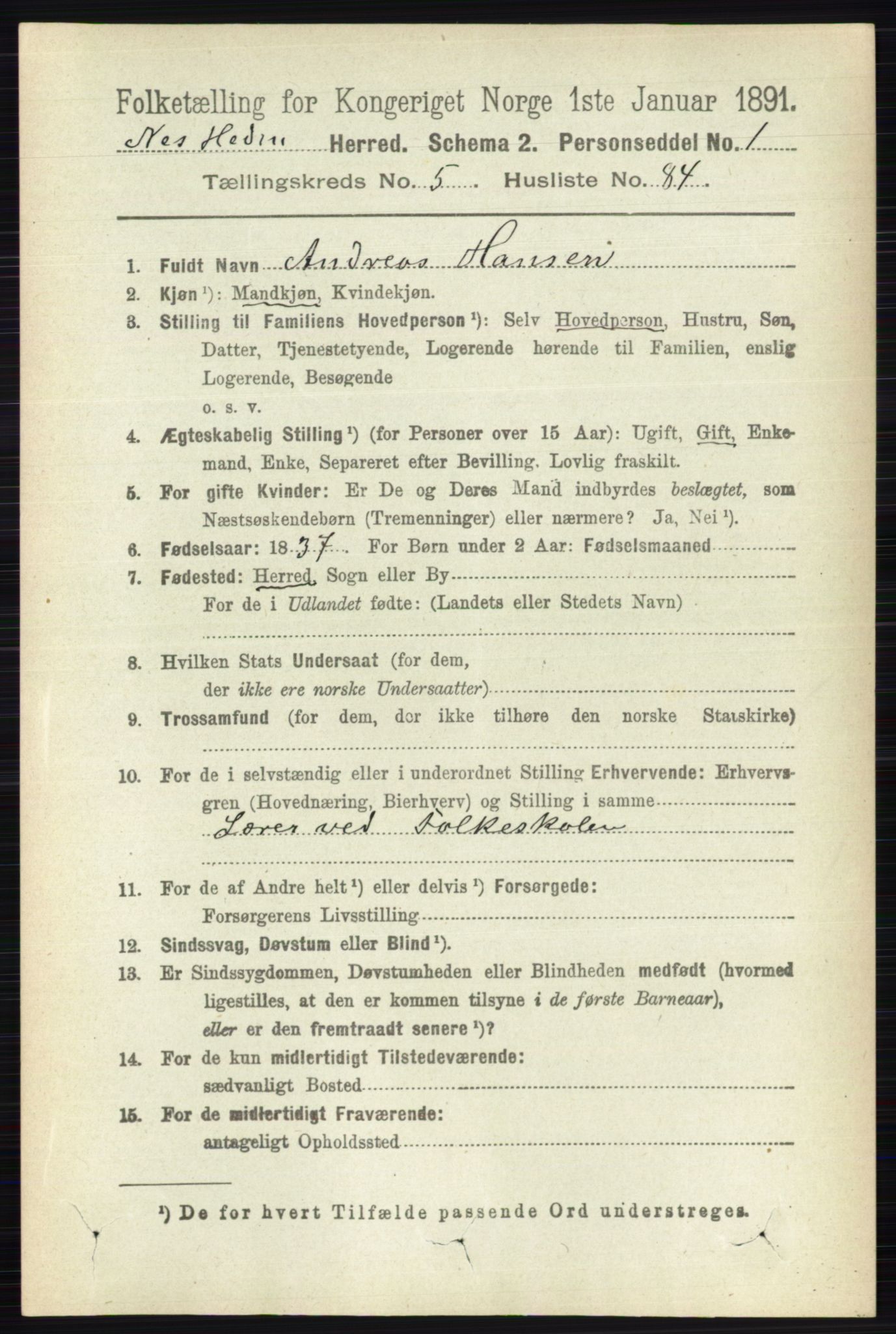 RA, 1891 census for 0411 Nes, 1891, p. 3150
