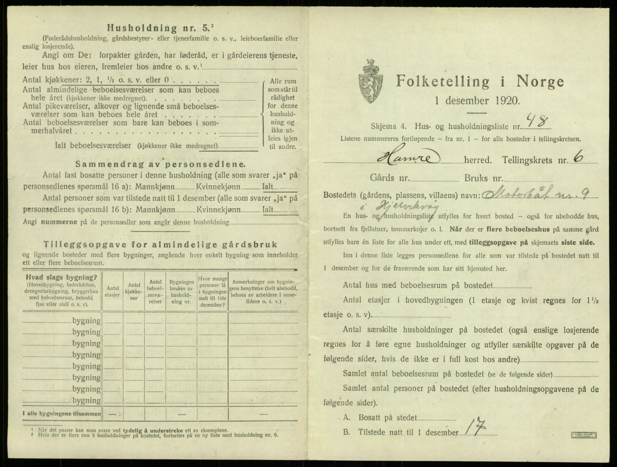 SAB, 1920 census for Hamre, 1920, p. 607