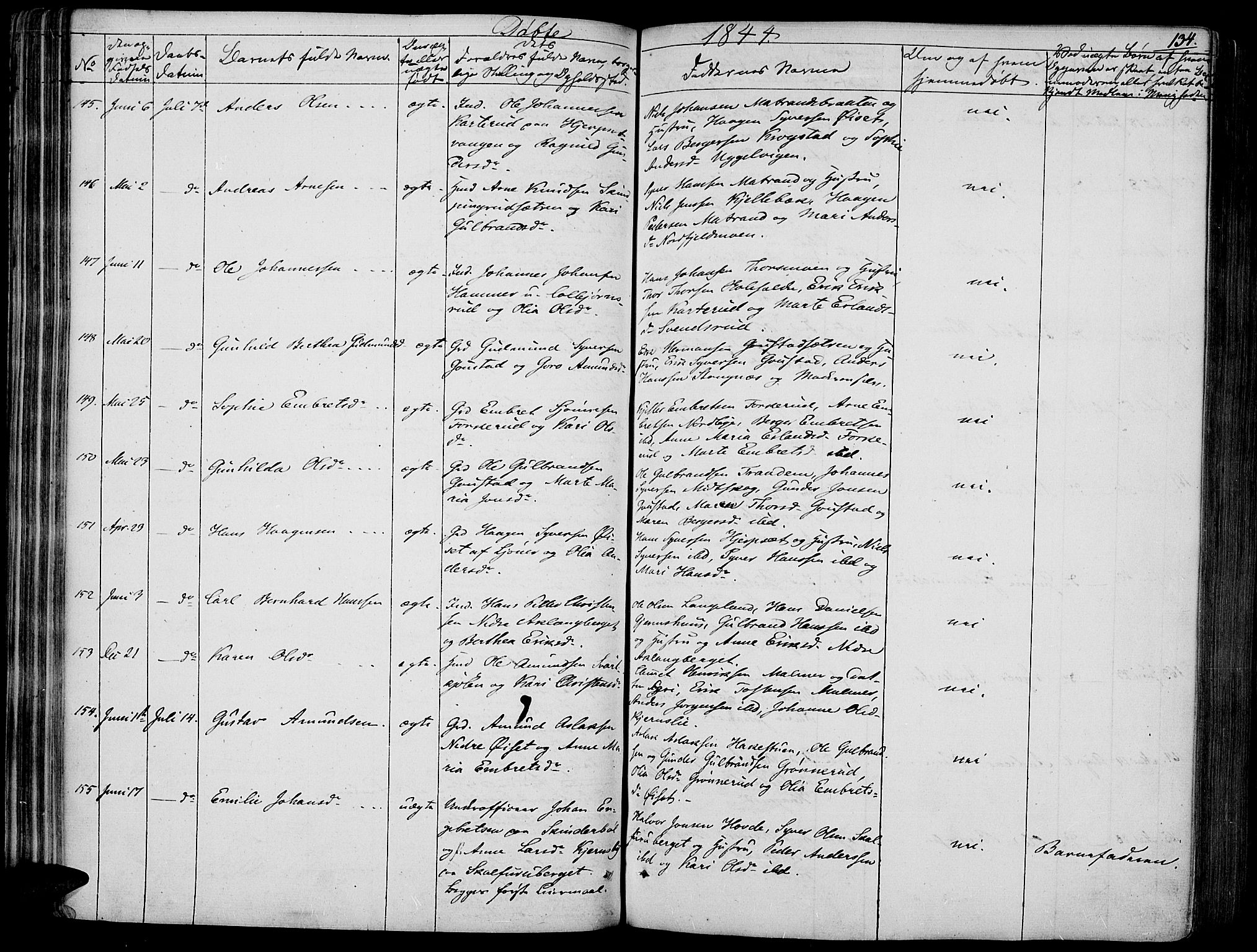 Vinger prestekontor, SAH/PREST-024/H/Ha/Haa/L0008: Parish register (official) no. 8, 1839-1847, p. 134