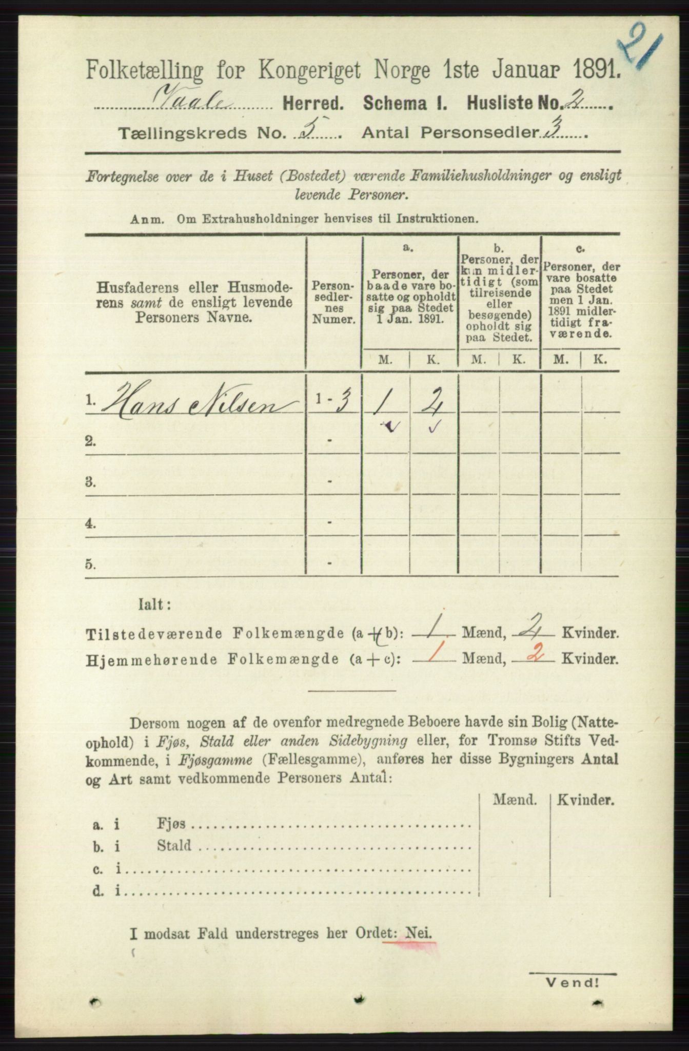 RA, 1891 census for 0716 Våle, 1891, p. 1301