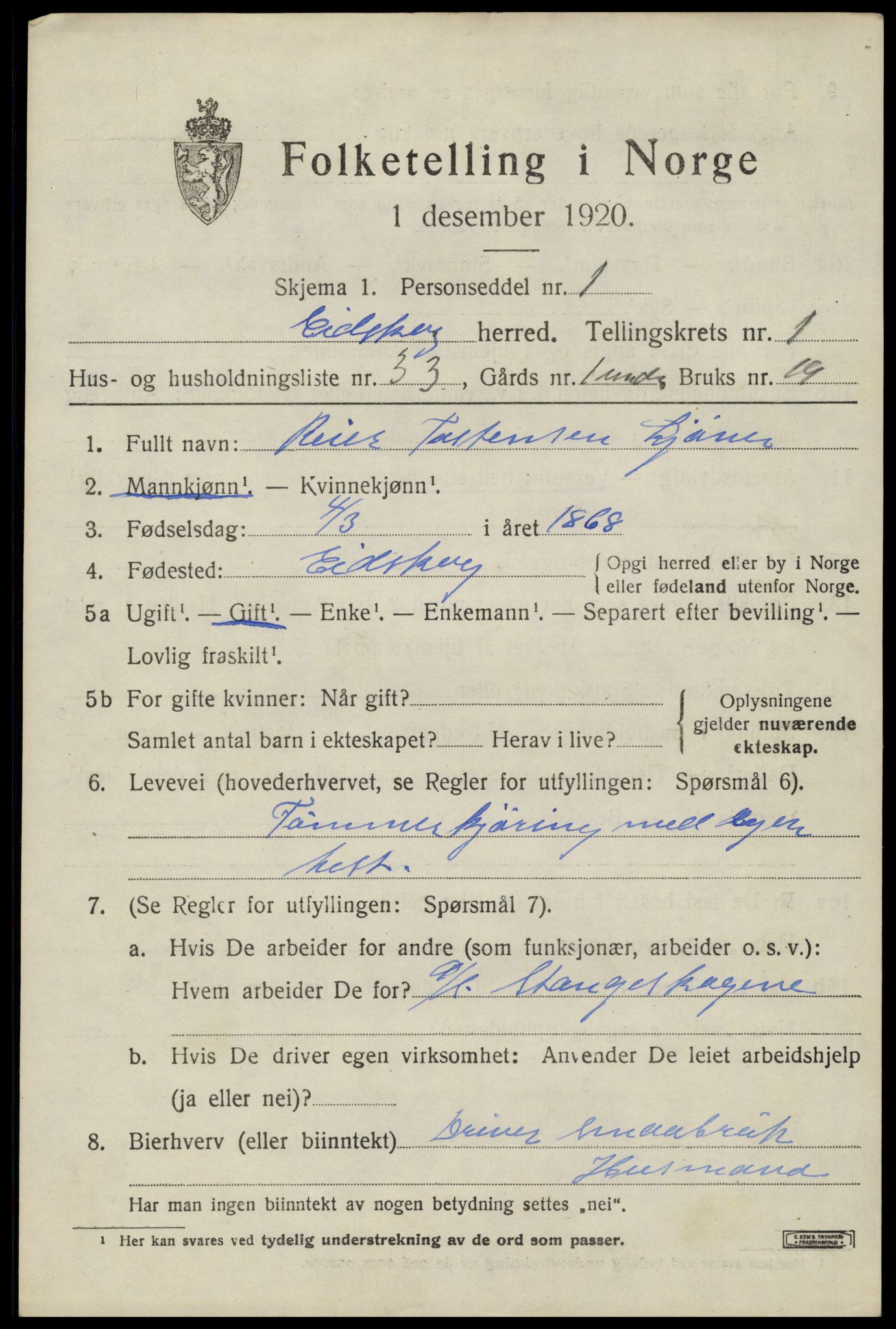 SAH, 1920 census for Eidskog, 1920, p. 2753