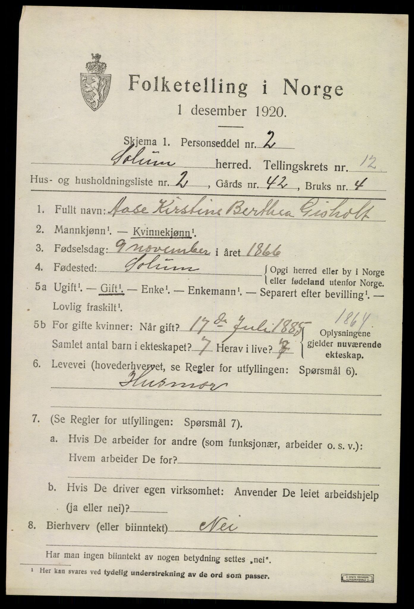 SAKO, 1920 census for Solum, 1920, p. 17034