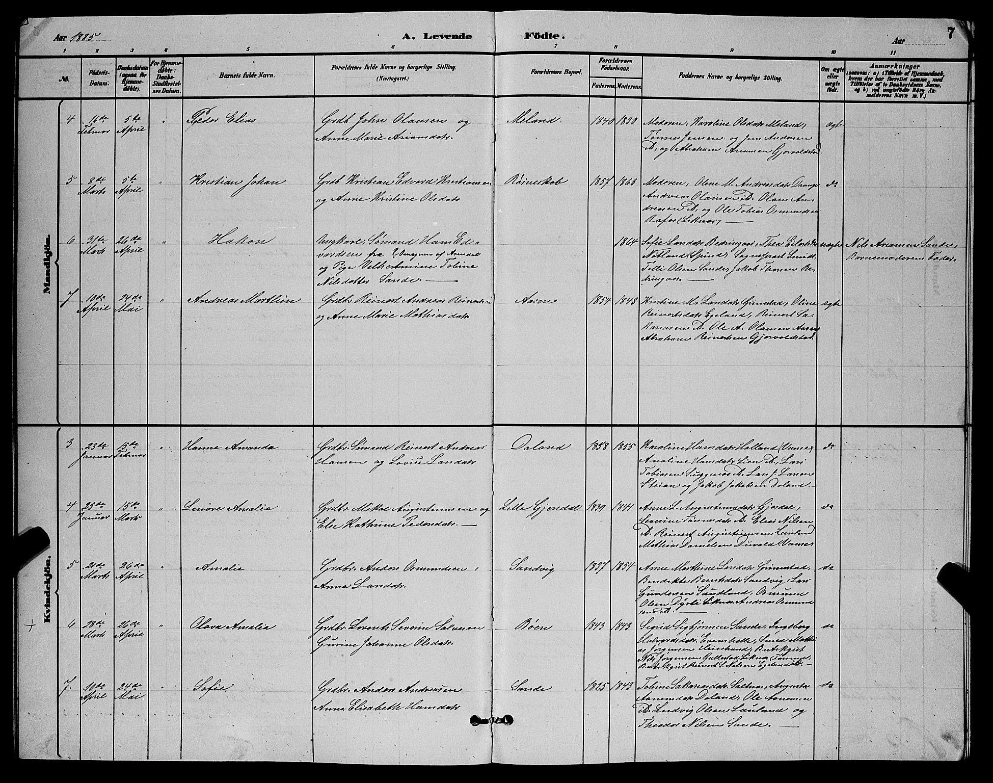 Herad sokneprestkontor, AV/SAK-1111-0018/F/Fb/Fba/L0004: Parish register (copy) no. B 4, 1882-1899, p. 7