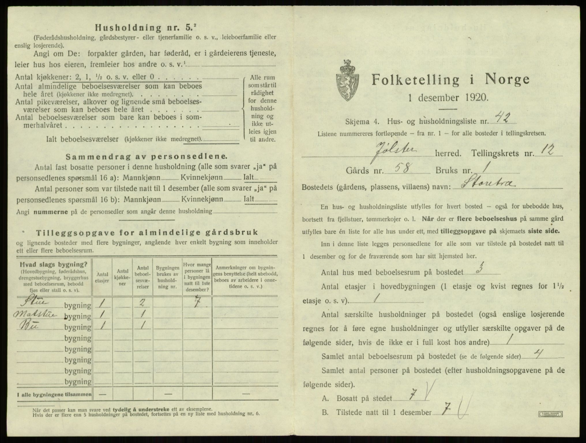 SAB, 1920 census for Jølster, 1920, p. 844