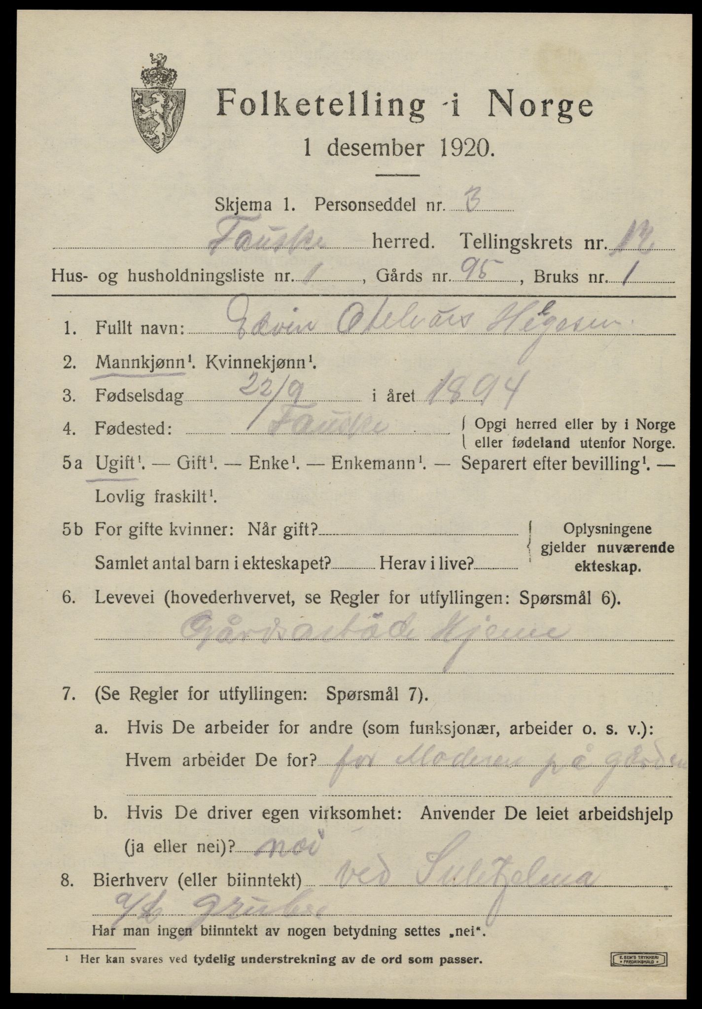 SAT, 1920 census for Fauske, 1920, p. 8176