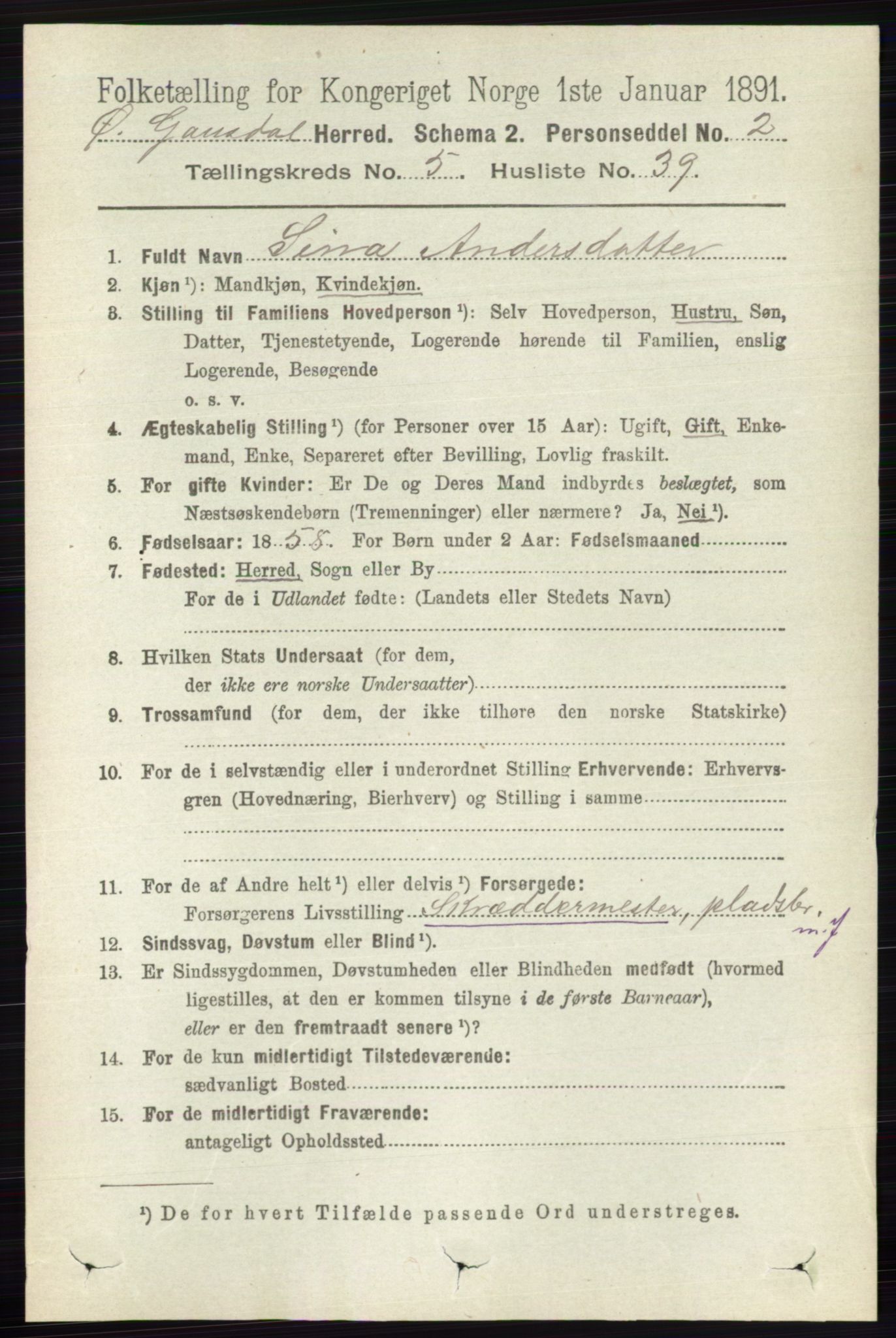 RA, 1891 census for 0522 Østre Gausdal, 1891, p. 3185